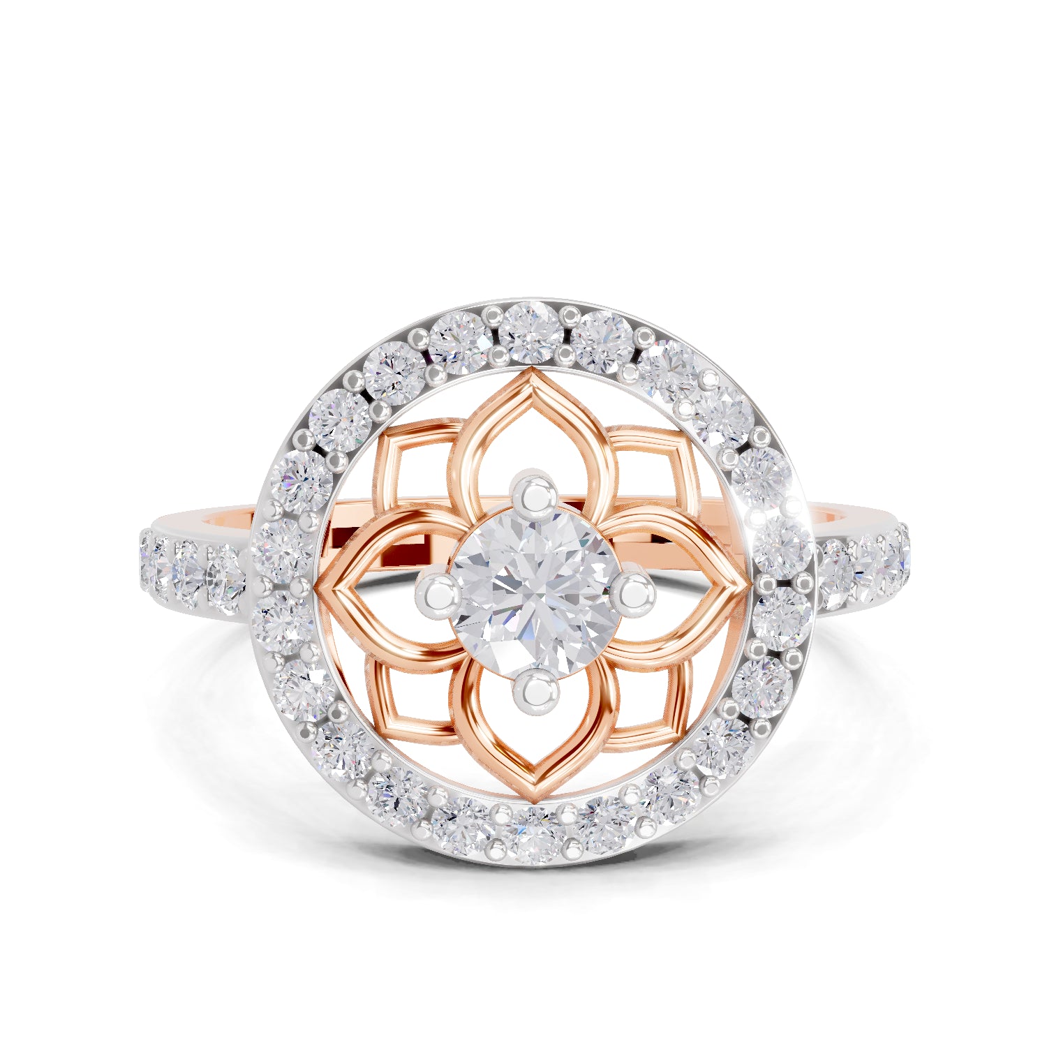 0.86 Carat Round Shape Diamond Floral Halo Ring | 14K Rose Gold