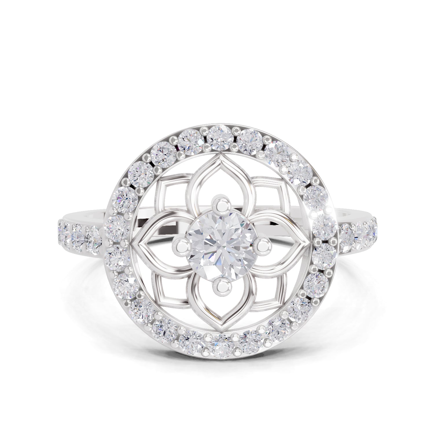 0.86 Carat Round Shape Diamond Floral Halo Ring | 14K White Gold