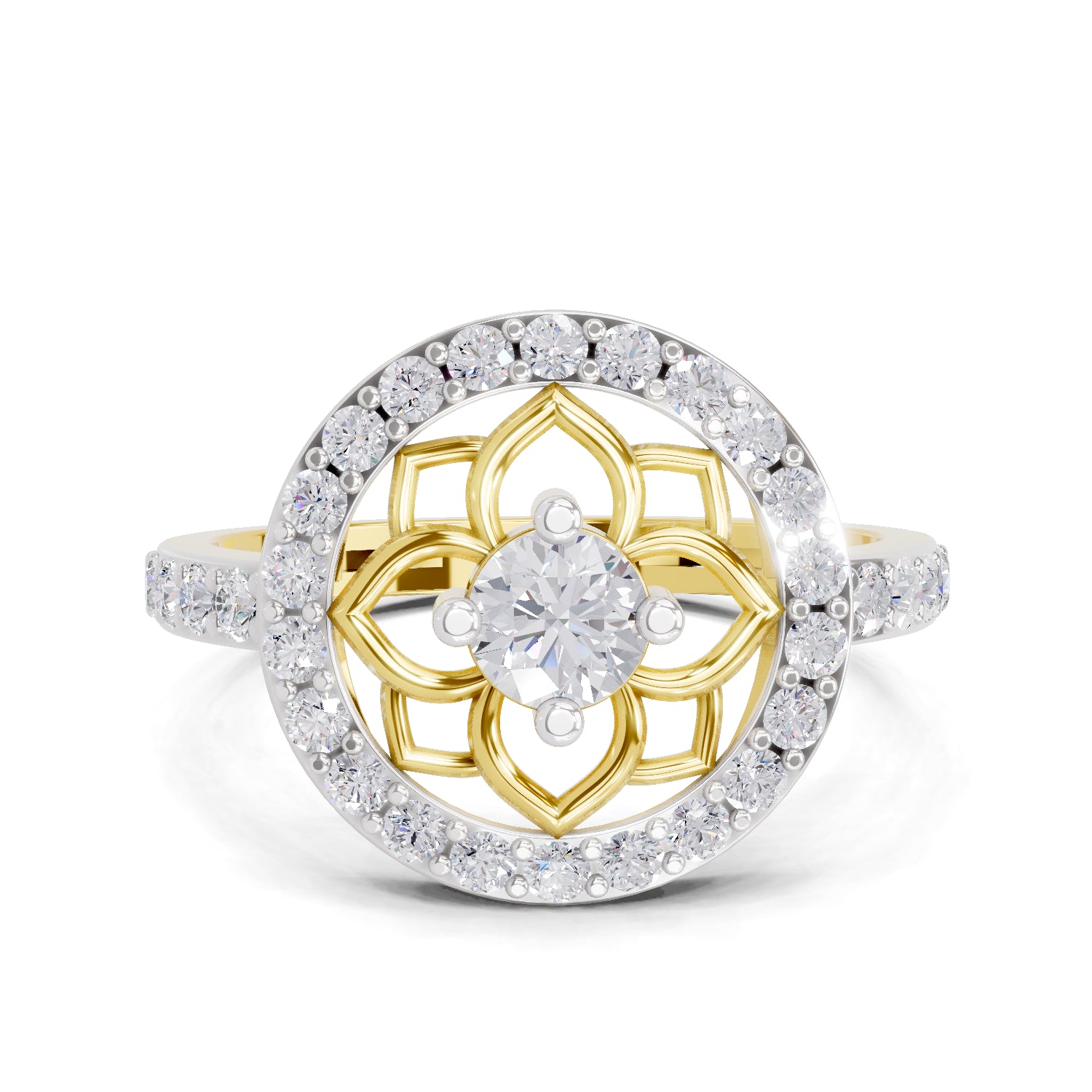 0.86 Carat Round Shape Diamond Floral Halo Ring | 14K Yellow Gold