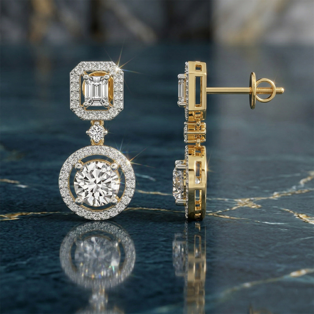Sparkles Art Deco Halo Drop Diamond Earring