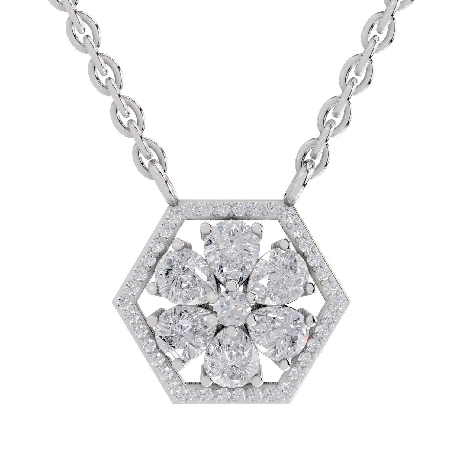 1.63 Ct Pear & Round Shape Floral Diamond Necklace | 14K White Gold