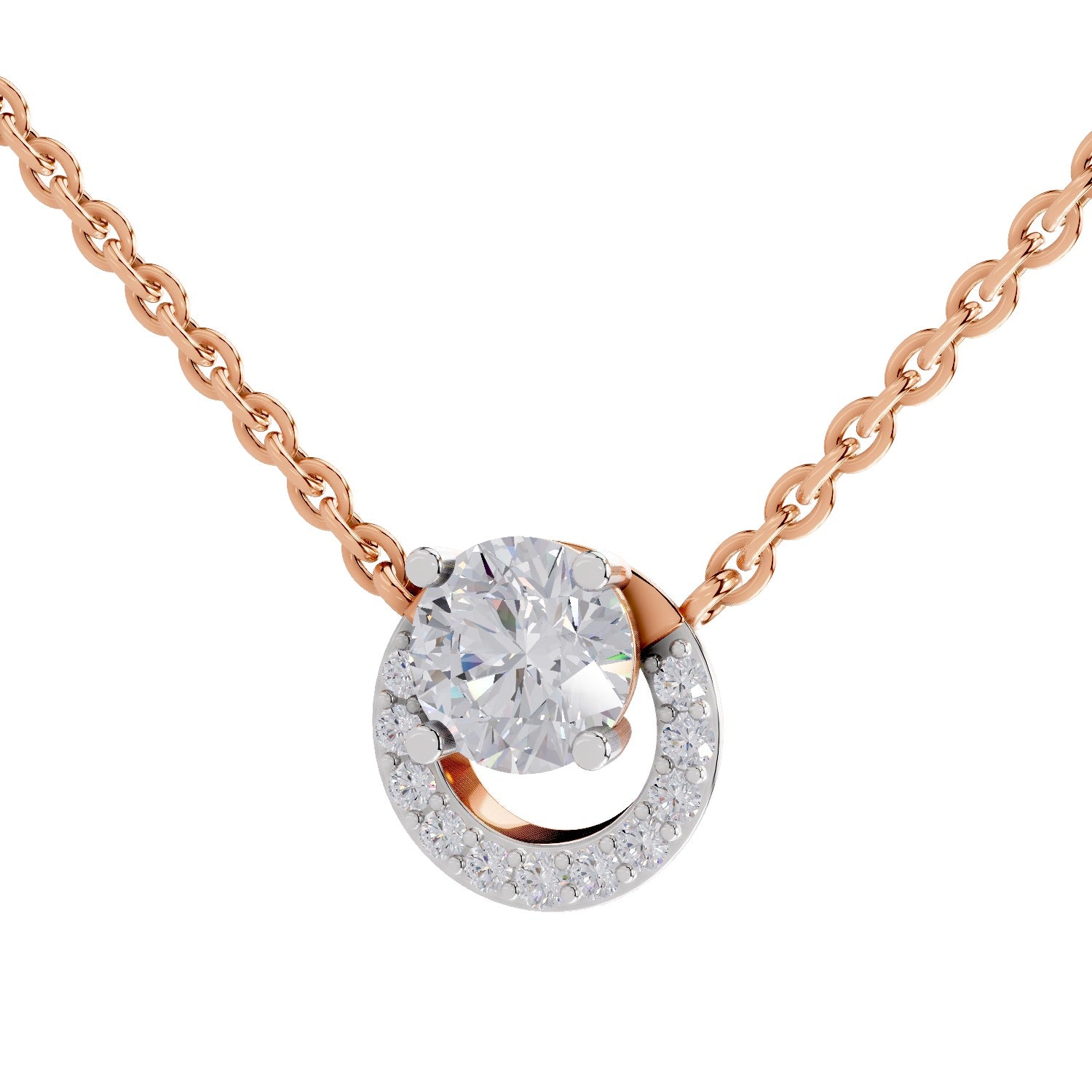 1.15 Ct Round Shape Halo Diamond Necklace | 14K Rose Gold