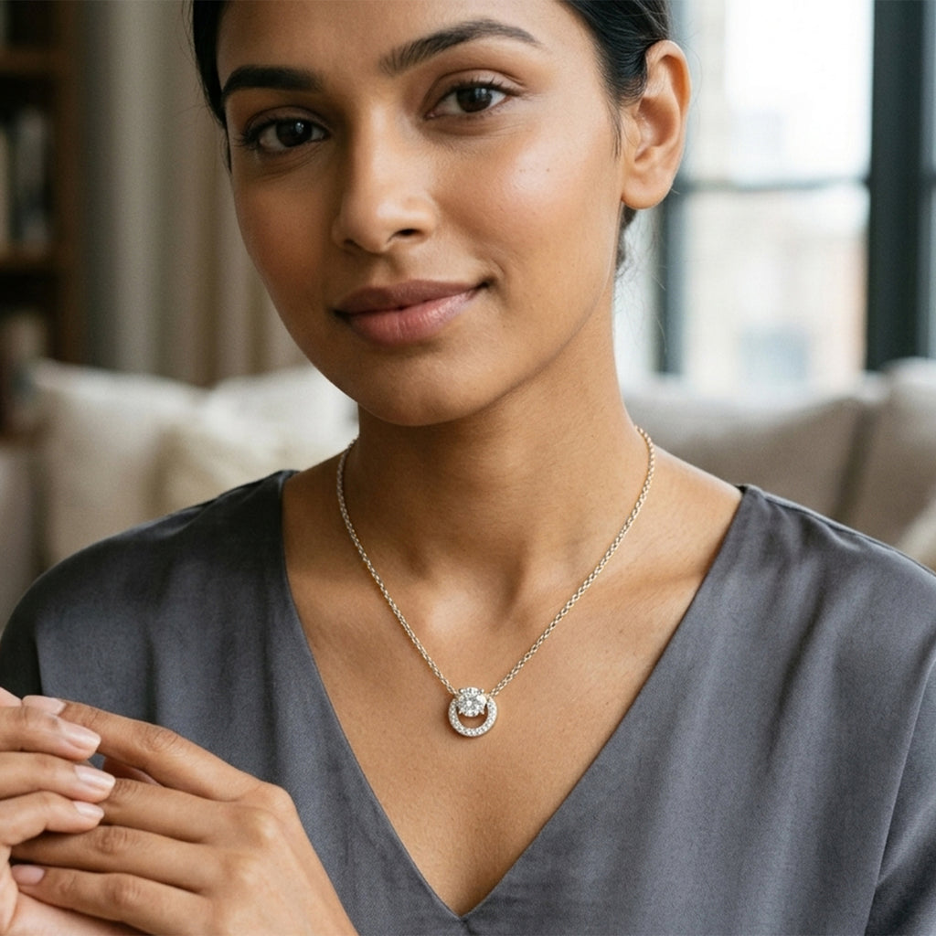 1.15 Ct Round Shape Halo Diamond Necklace | 14K Rose Gold