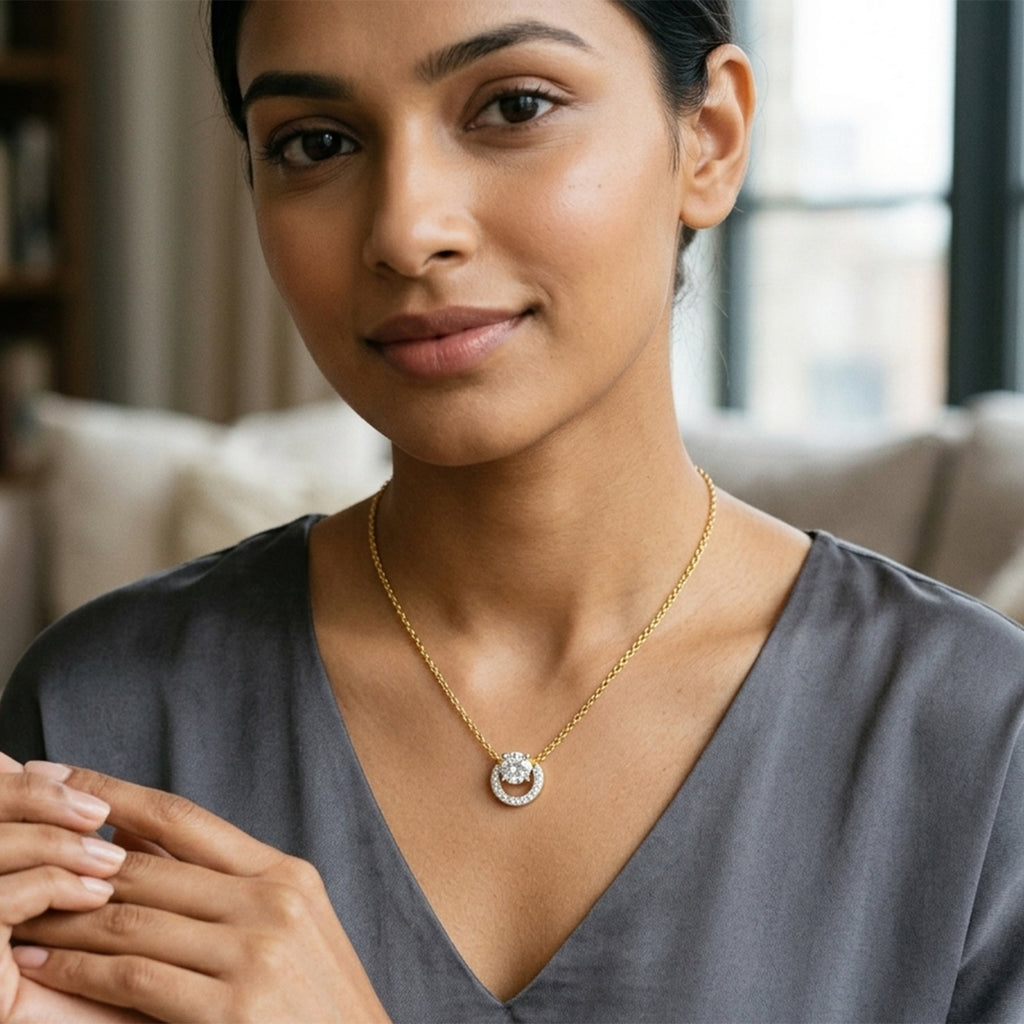 1.15 Ct Round Shape Halo Diamond Necklace | 14K Rose Gold