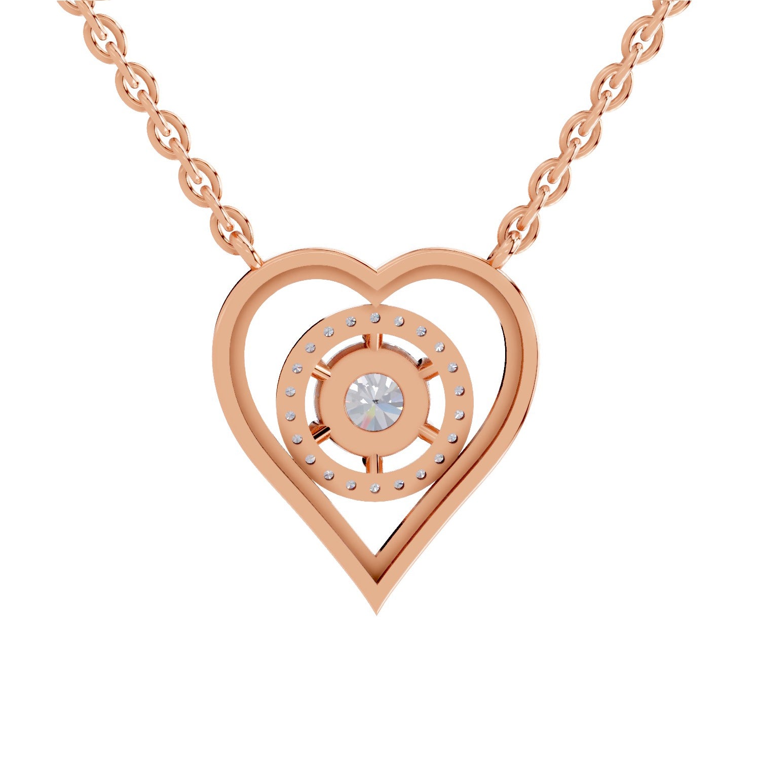 0.61 Ct Round Shape Heart Halo Diamond Necklace | 14K Rose Gold