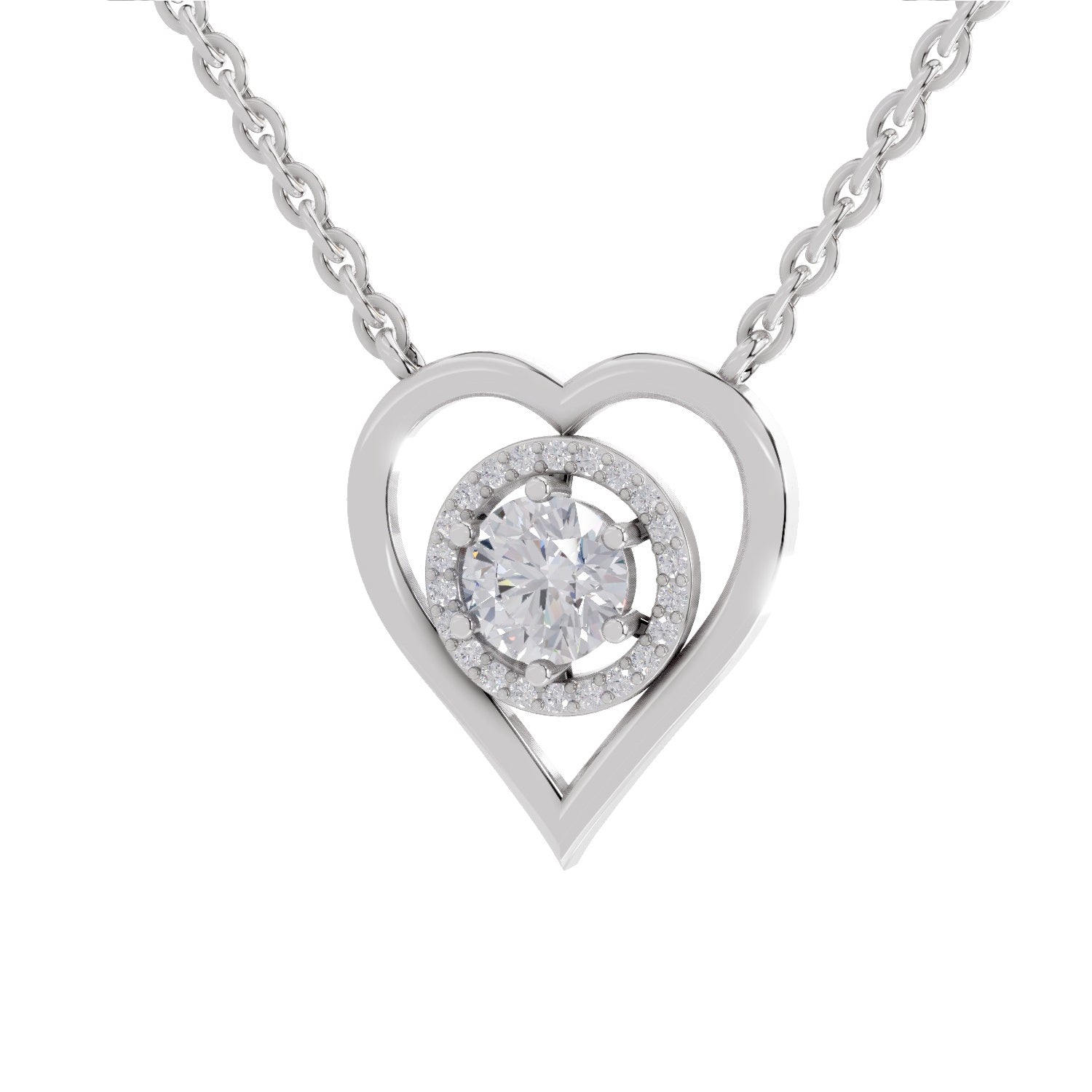 0.61 Ct Round Shape Heart Halo Diamond Necklace | 14K White Gold