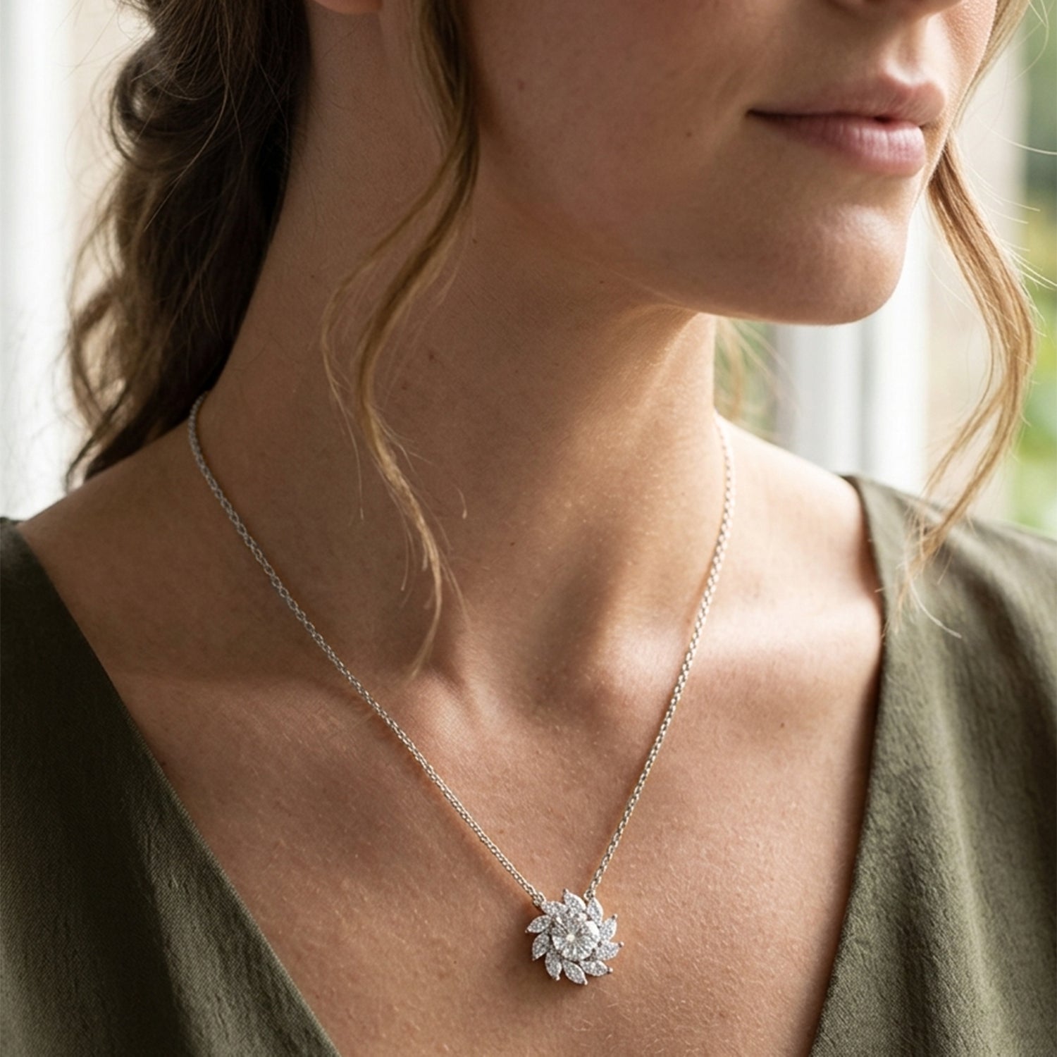 3.30 Ct Floral Diamond Necklace in 14K