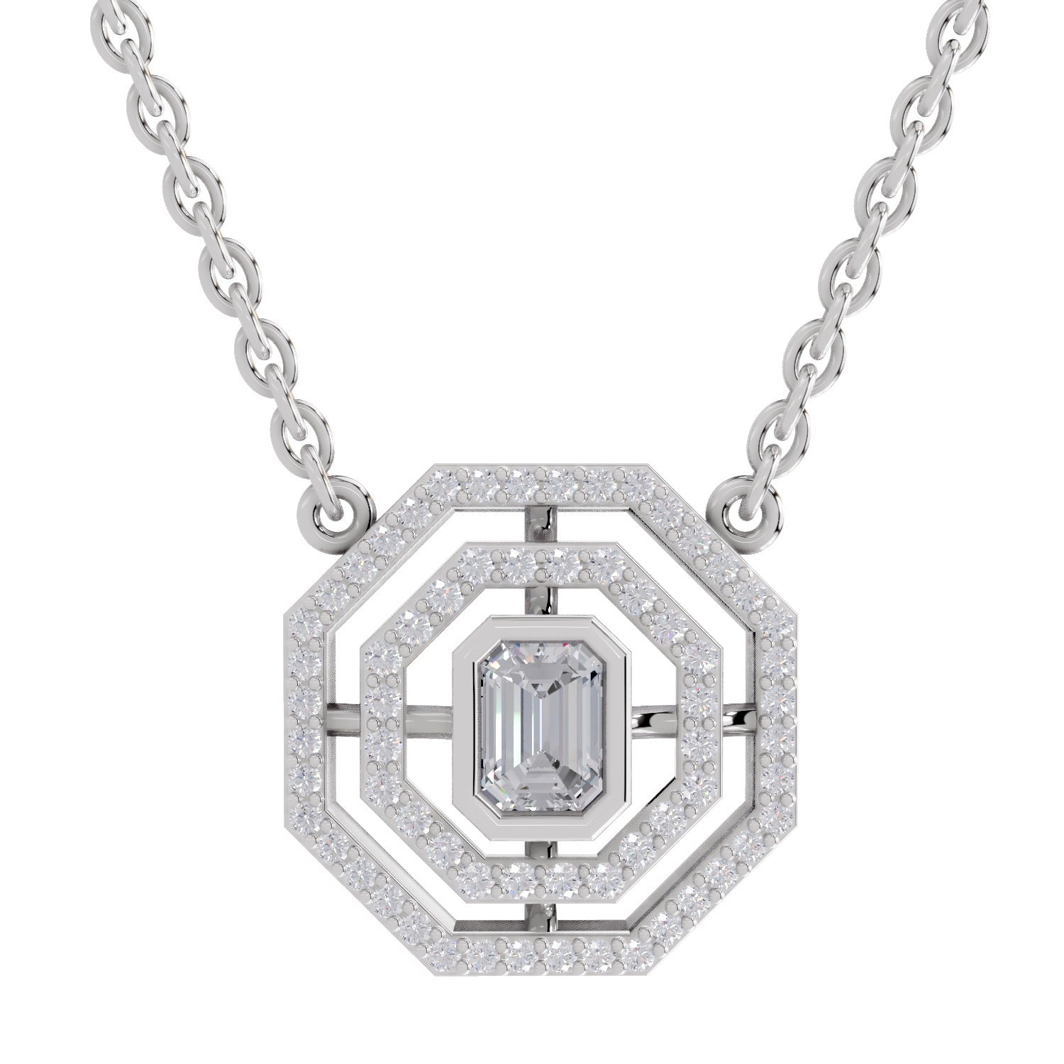 0.84 Ct Emerald Octagonal Halo Diamond Necklace in 14K
