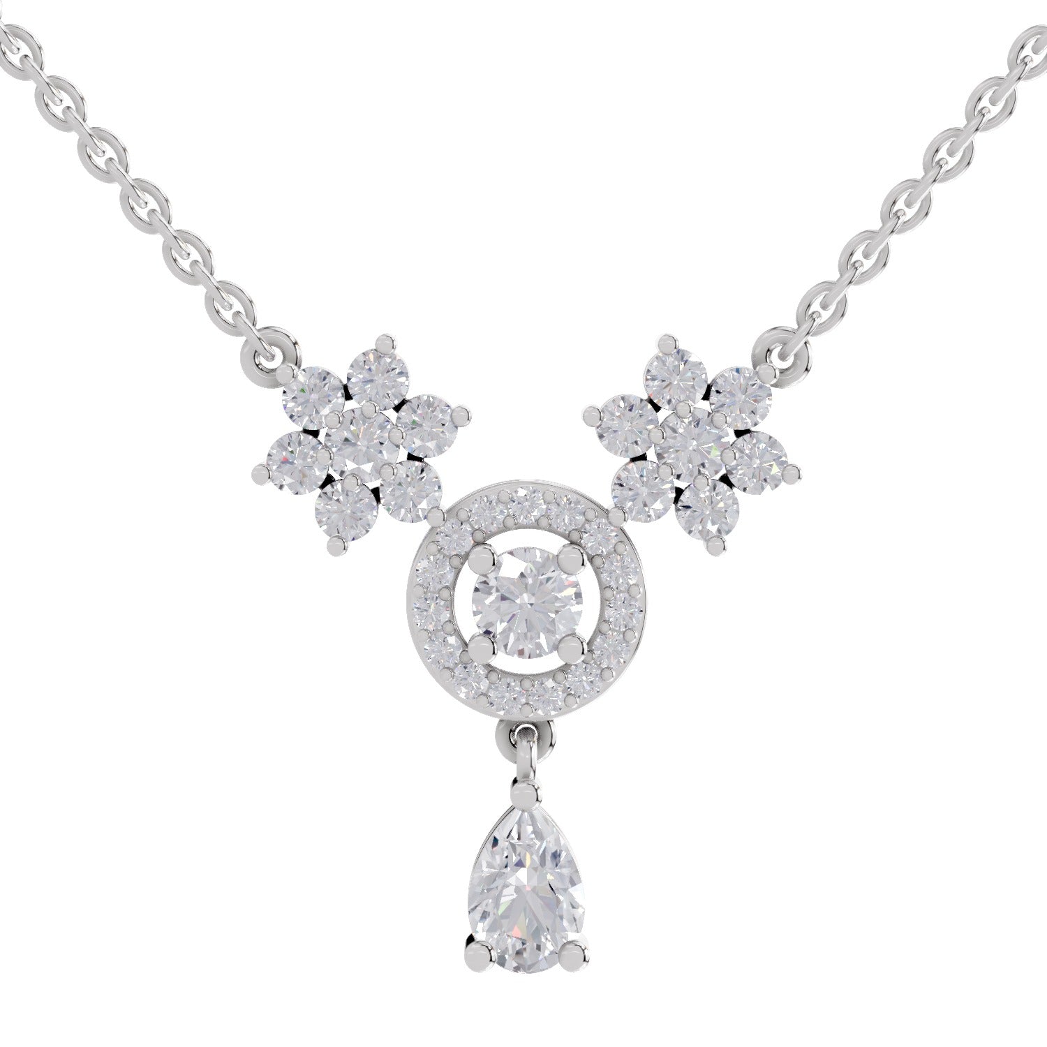 1.48 Ct Pear Floral Cluster Drop Diamond Necklace in 14K