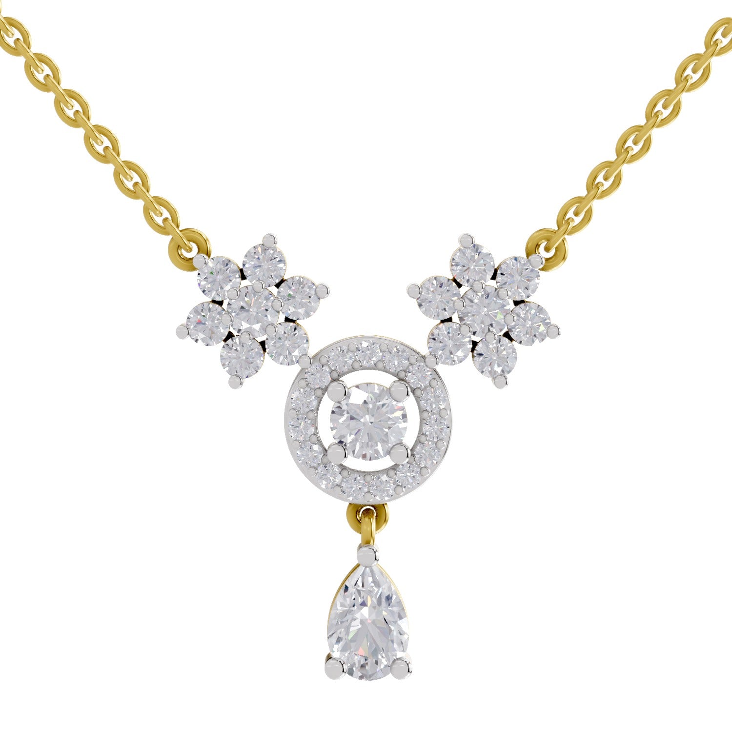 1.48 Ct Pear & Round Shape Floral Cluster Drop Diamond Necklace | 14K Yellow Gold
