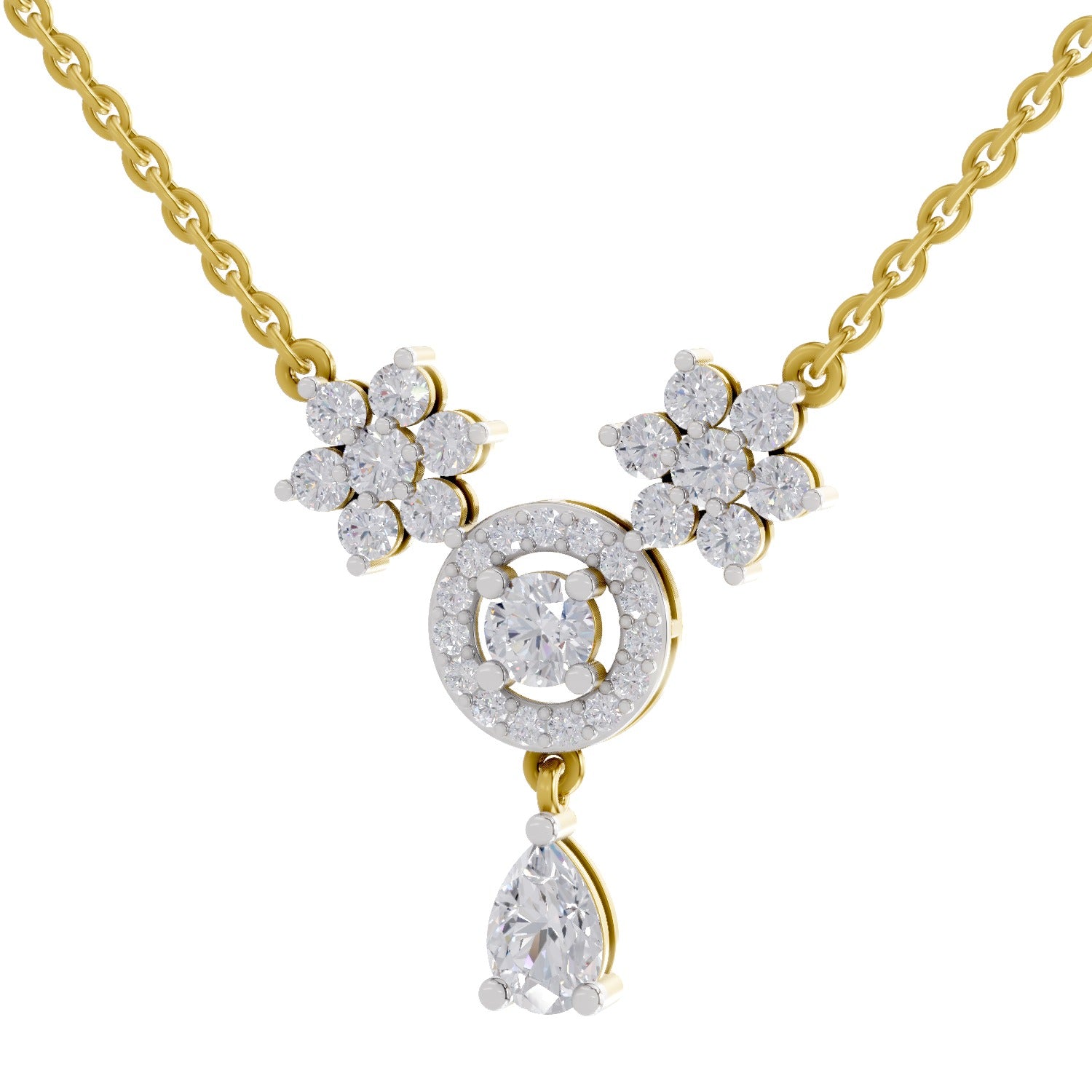 1.48 Ct Pear Floral Cluster Drop Diamond Necklace in 14K