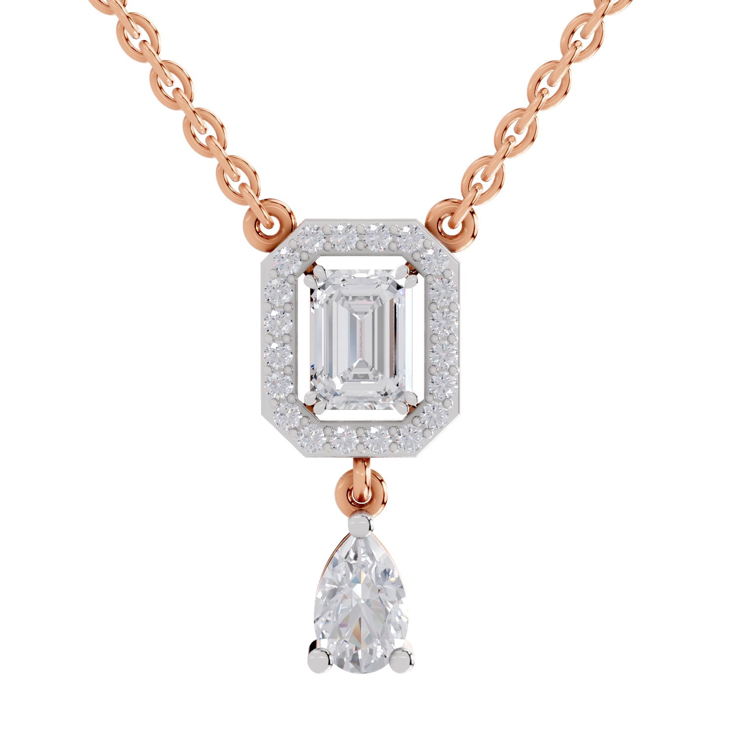 1.32 Ct Emerald Shape Halo Drop Diamond Necklace in 14K