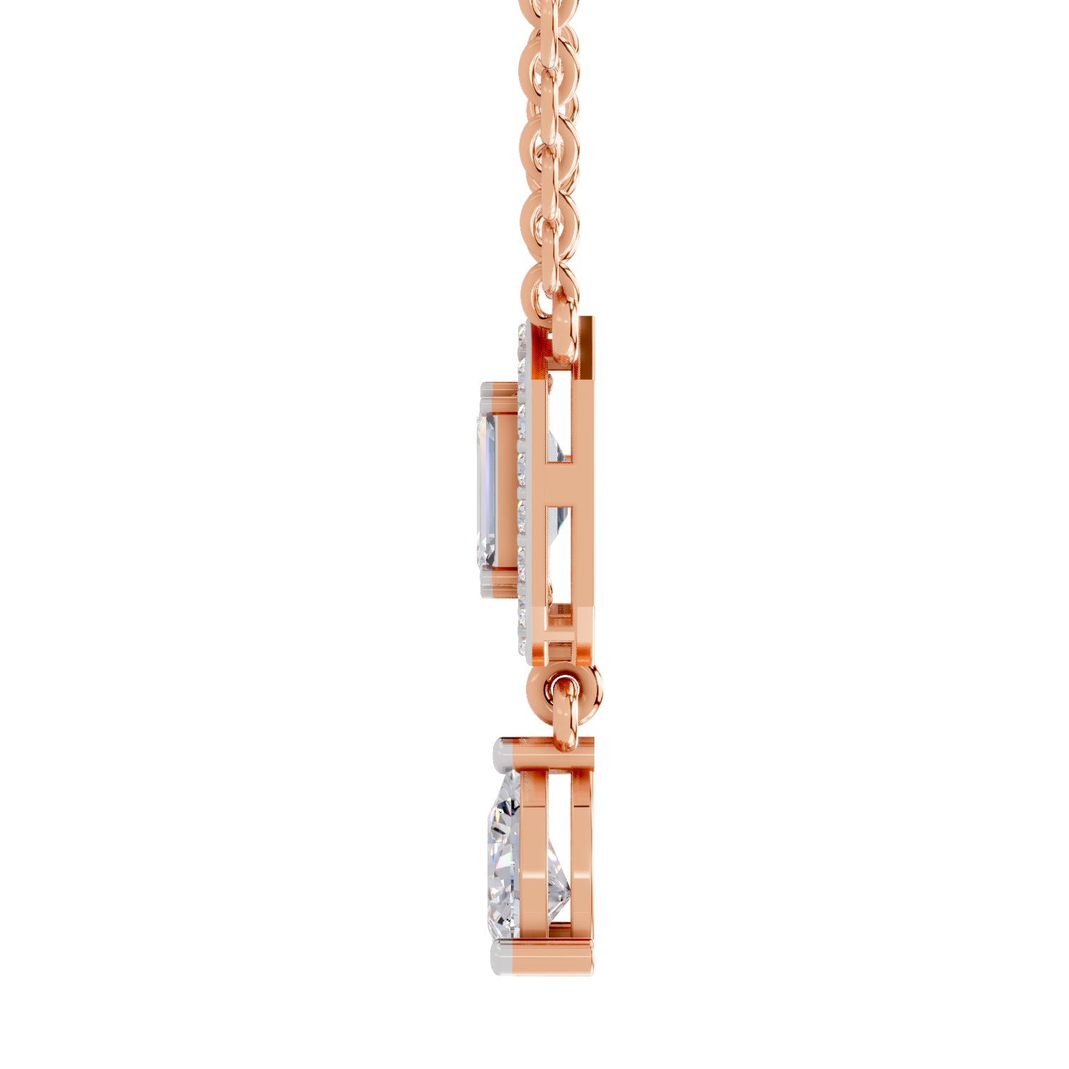1.32 Ct Emerald Shape Halo Drop Diamond Necklace | 14K Rose Gold