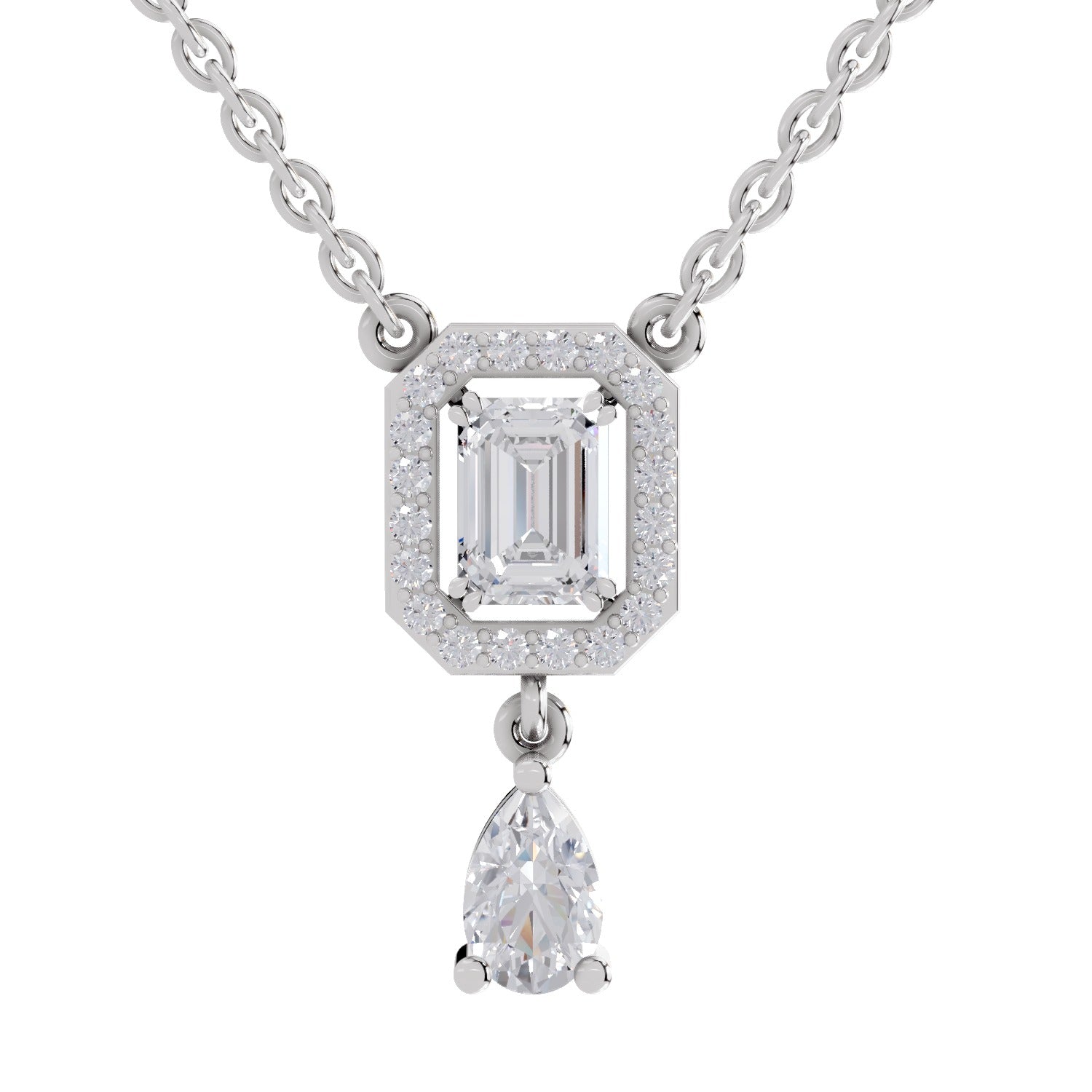 1.32 Ct Emerald Shape Halo Drop Diamond Necklace in 14K