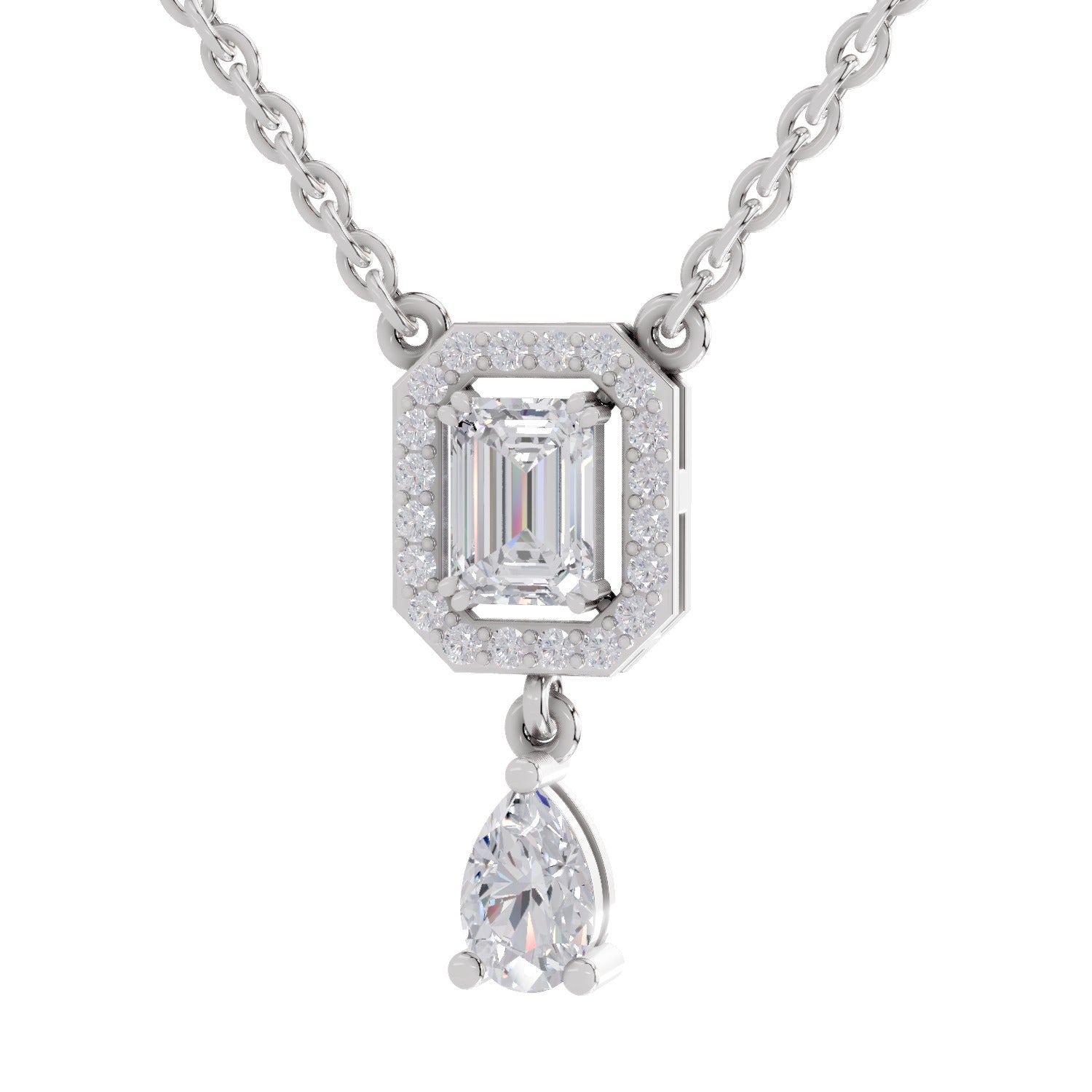1.32 Ct Emerald Shape Halo Drop Diamond Necklace | 14K White Gold