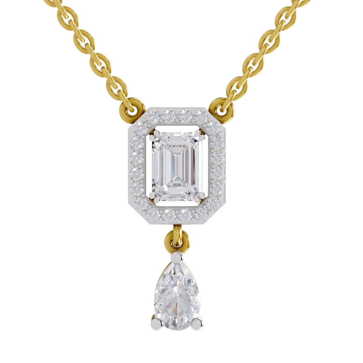 1.32 Ct Emerald Shape Halo Drop Diamond Necklace | 14K Yellow Gold
