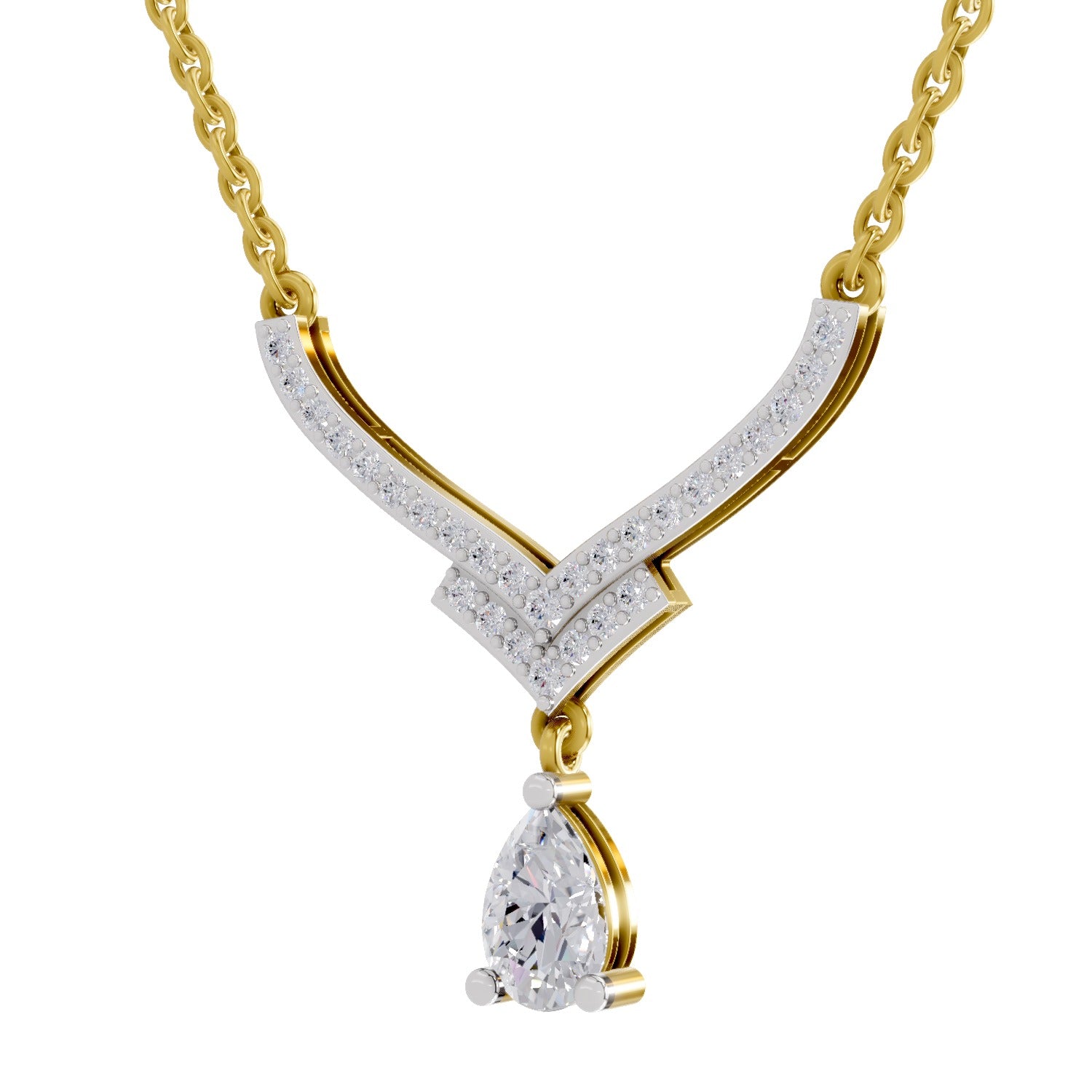 0.99 Ct Round & Pear V-Shape Diamond with Drop Necklace | 14K Yellow Gold