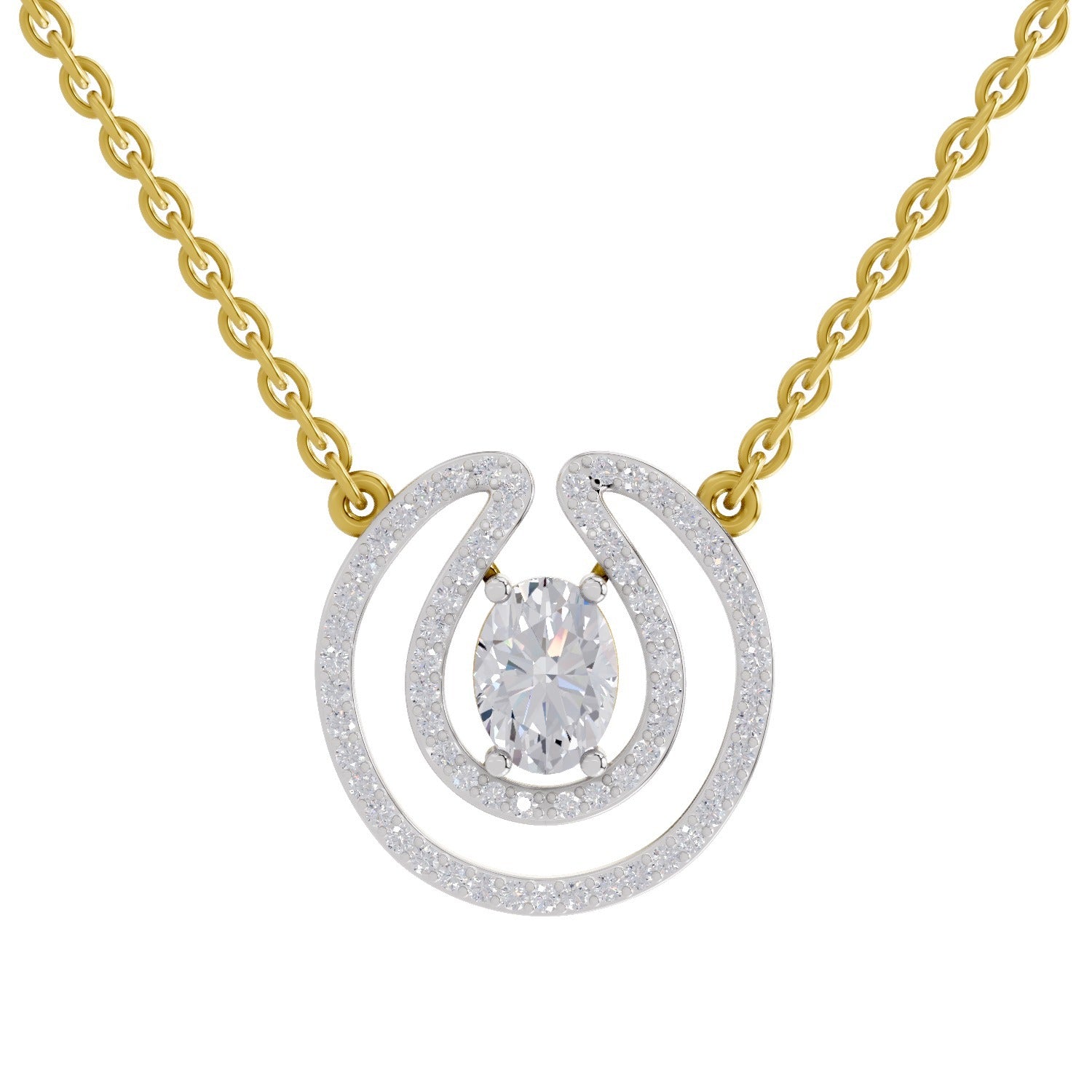 1.03 Ct Oval & Round Shape Halo Diamond Necklace | 14K Yellow Gold