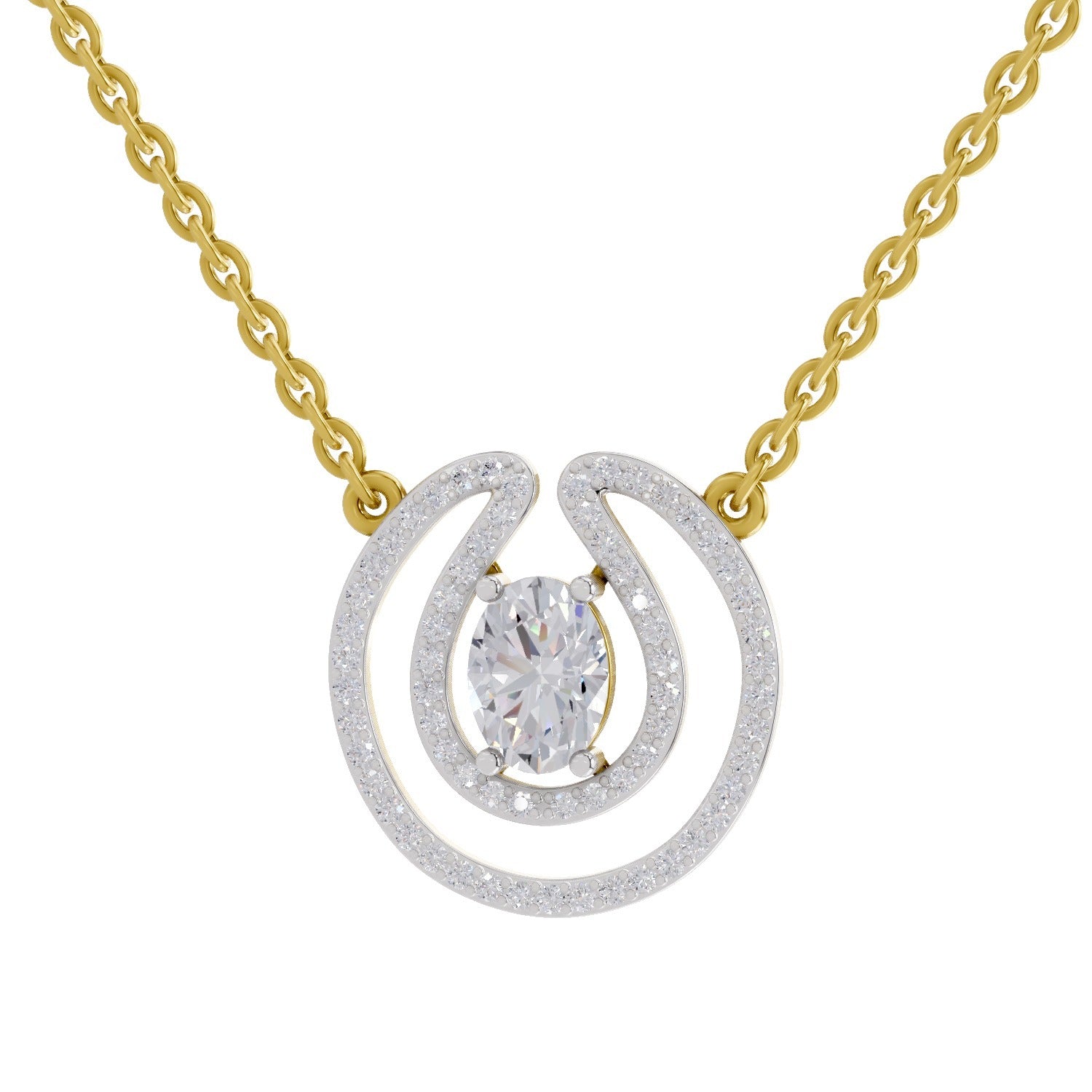 1.03 Ct Oval & Round Shape Halo Diamond Necklace | 14K Yellow Gold