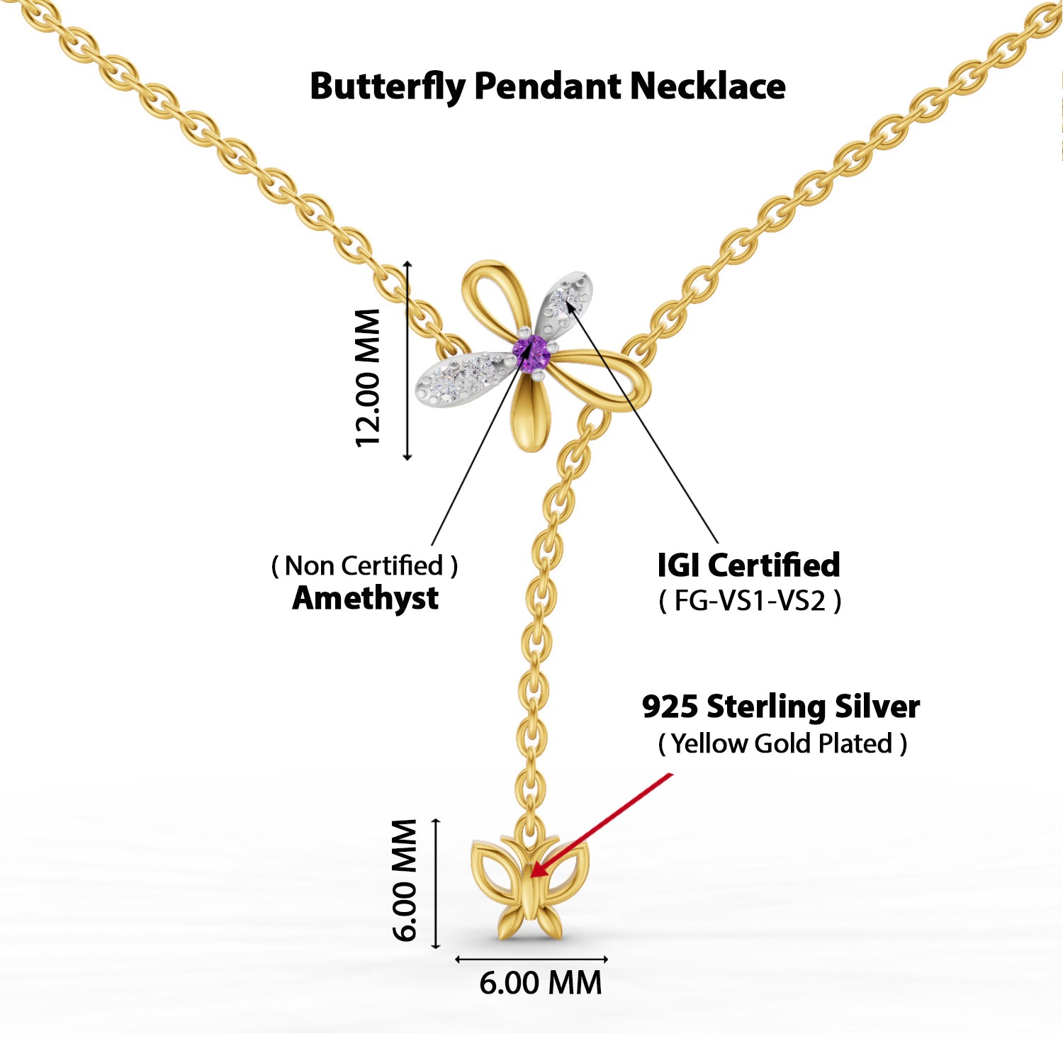 0.08 Carat | 925 Sterling Silver Yellow Gold Plated Butterfly Necklace