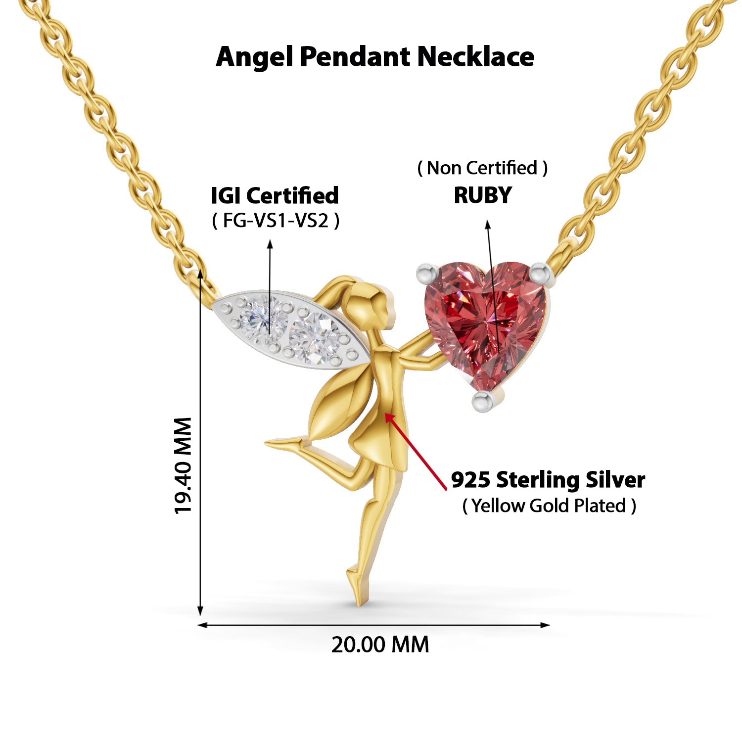 0.04 Carat | 925 Sterling Silver Yellow Gold Plated Angel Necklace
