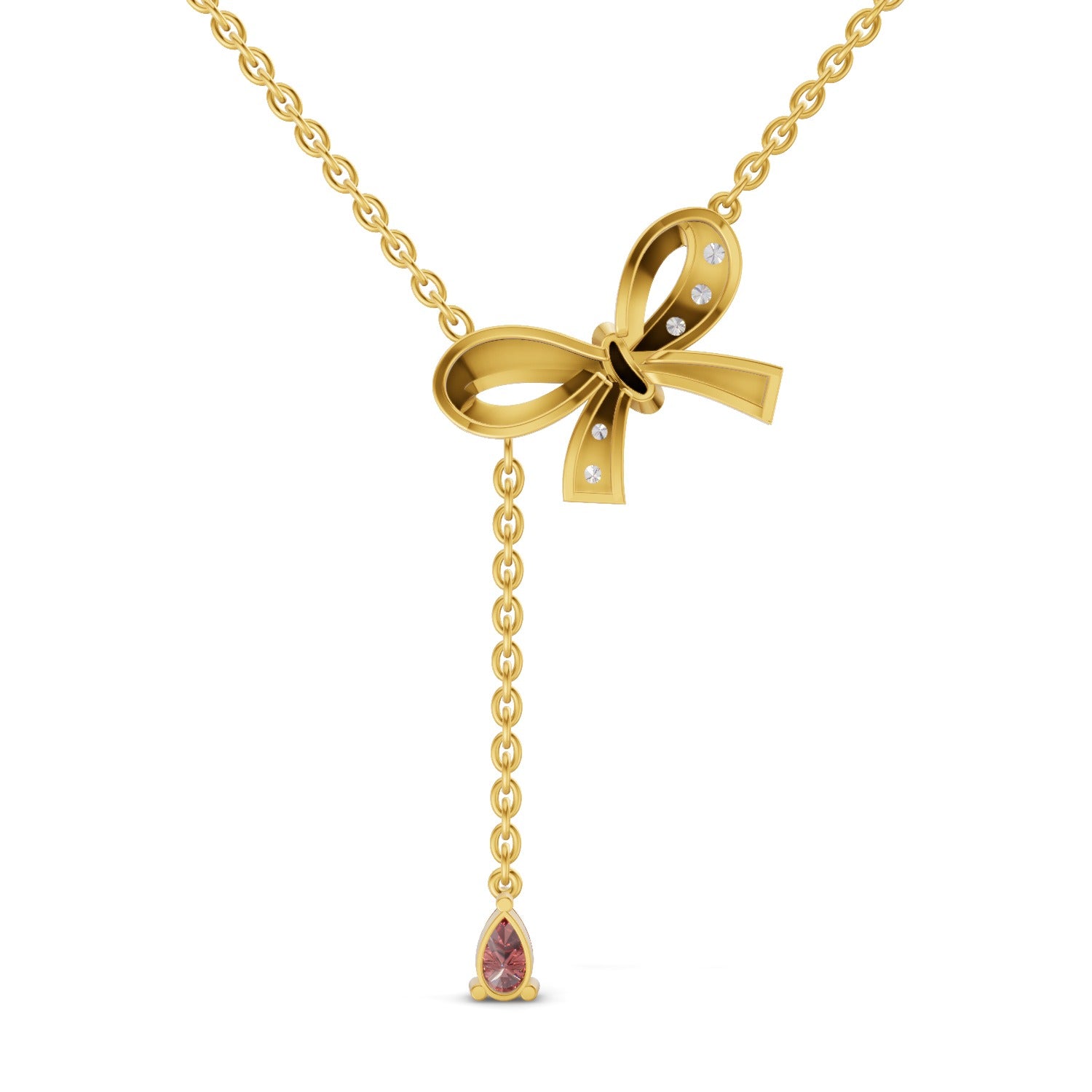 0.22 Carat | 925 Sterling Silver Yellow Gold Plated Bow Lariat with a Pink Drop Gemstone pendant