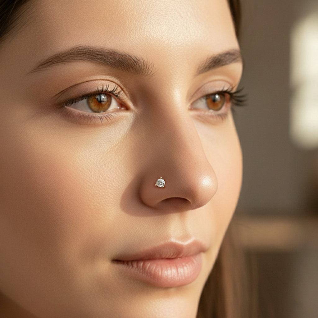 0.04 Ct Round Shape Soilitaire Diamond Nose Pin | 14K Yellow Gold