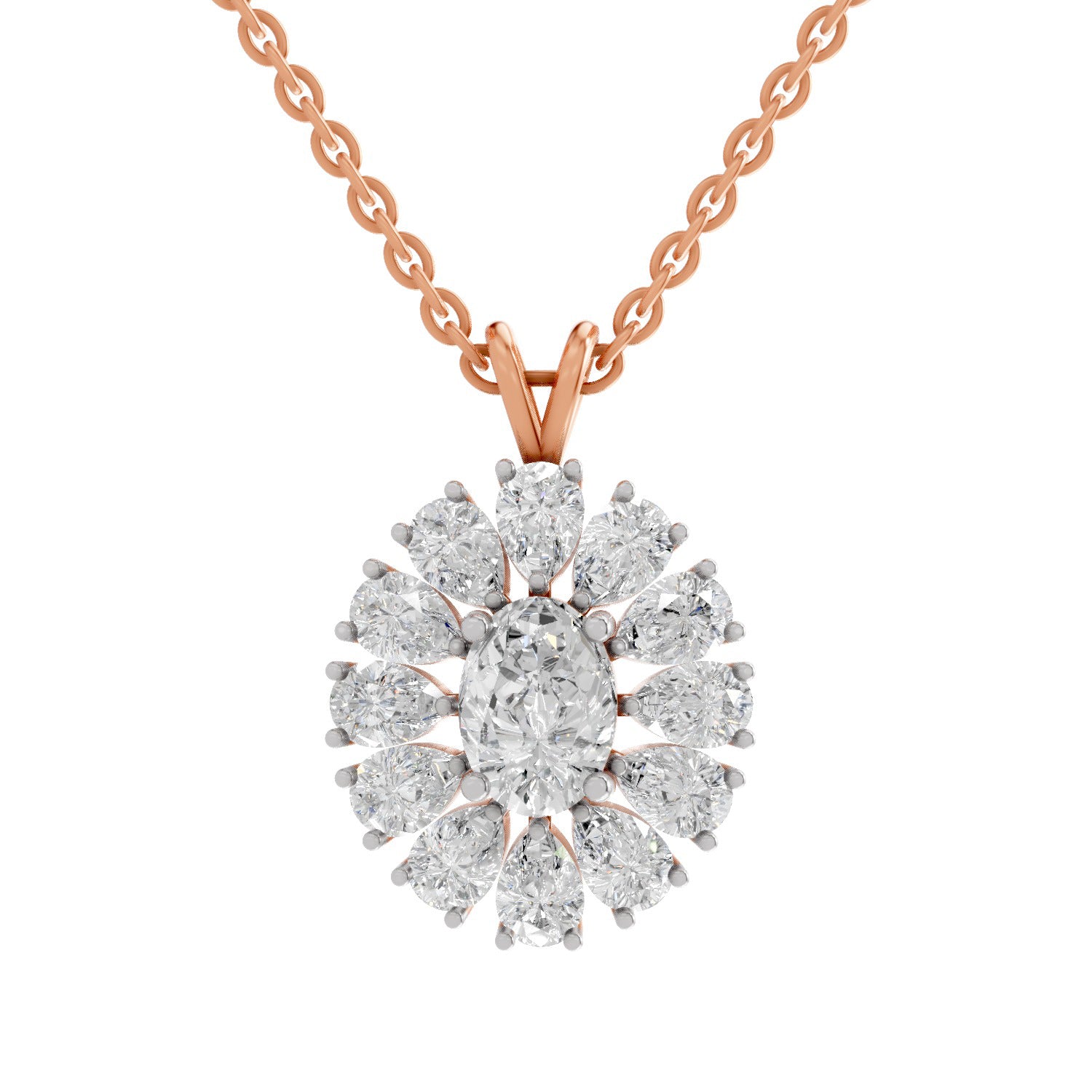 3.04 Ct Oval & Pear Shape Floral Cluster Diamond Pendant  | 14K Rose Gold