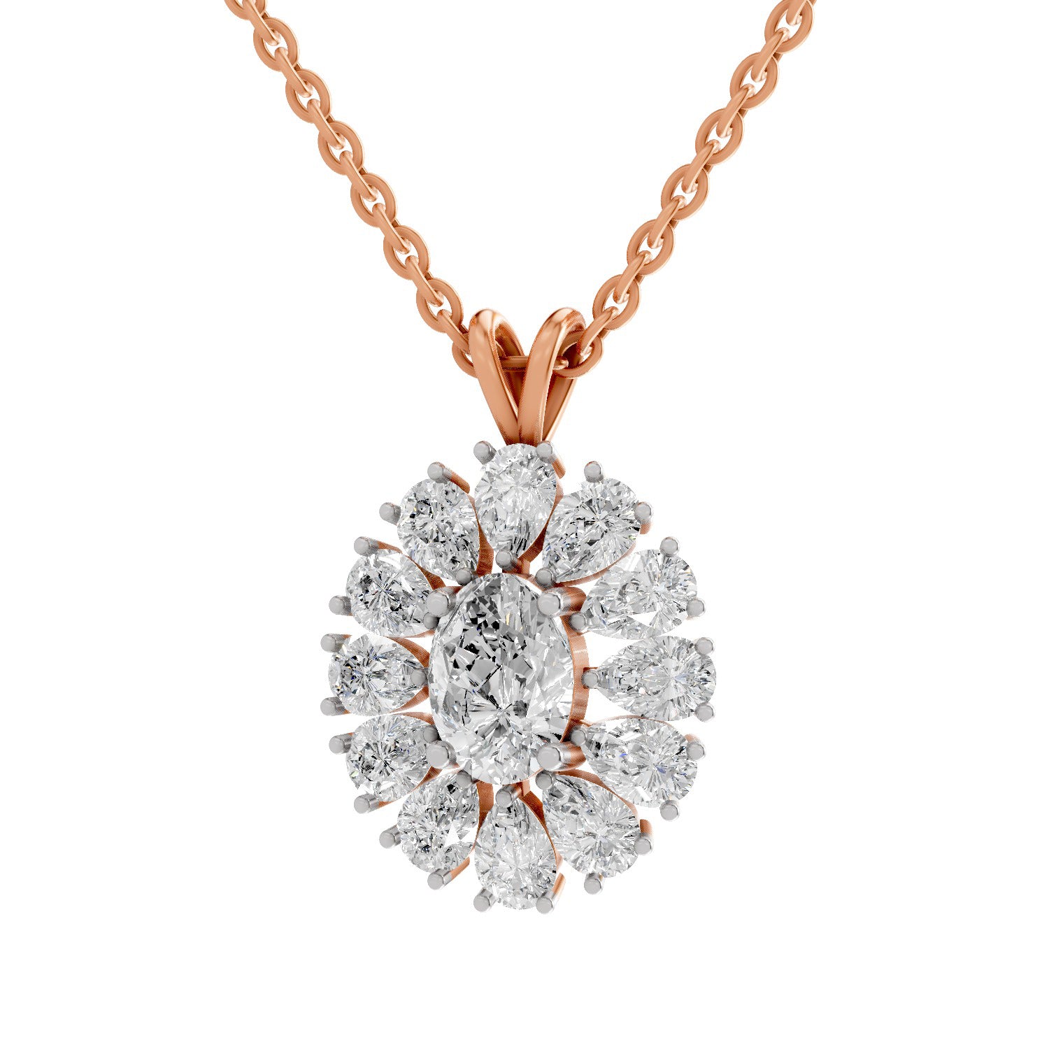 3.04 Ct Oval & Pear Shape Floral Cluster Diamond Pendant  | 14K Rose Gold