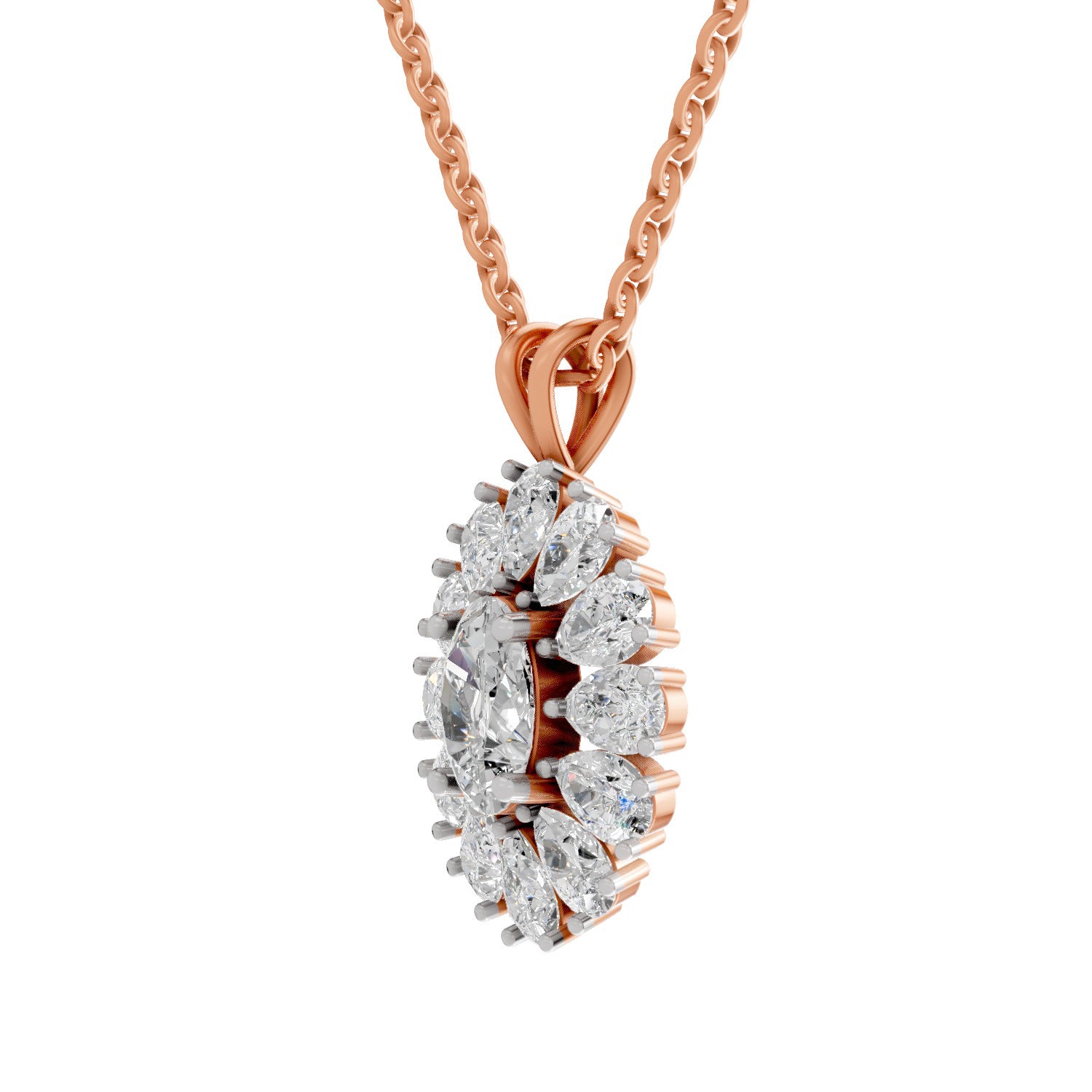 3.04 Ct Oval & Pear Shape Floral Cluster Diamond Pendant  | 14K Rose Gold