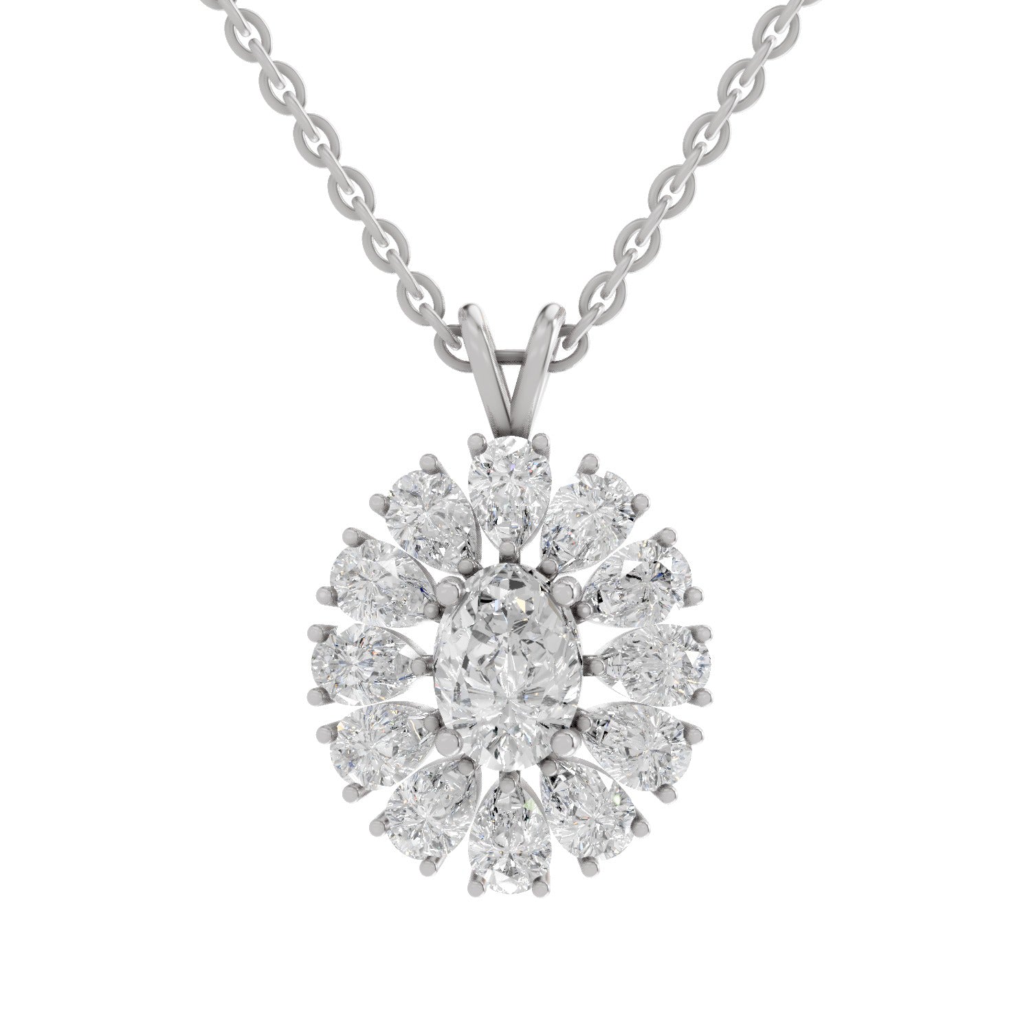 3.04 Ct Oval & Pear Shape Floral Cluster Diamond Pendant  | 14K White Gold