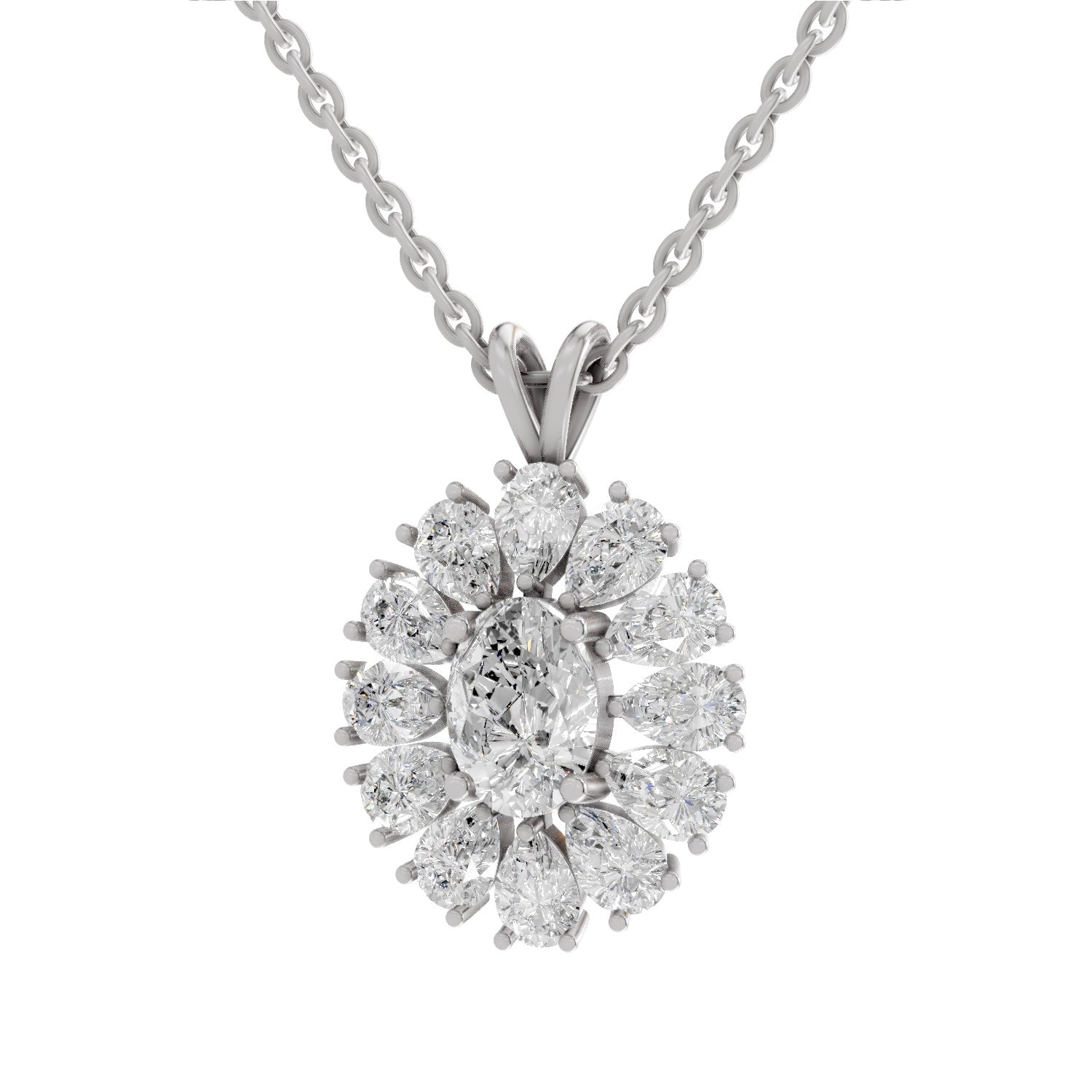 3.04 Ct Oval & Pear Shape Floral Cluster Diamond Pendant  | 14K White Gold