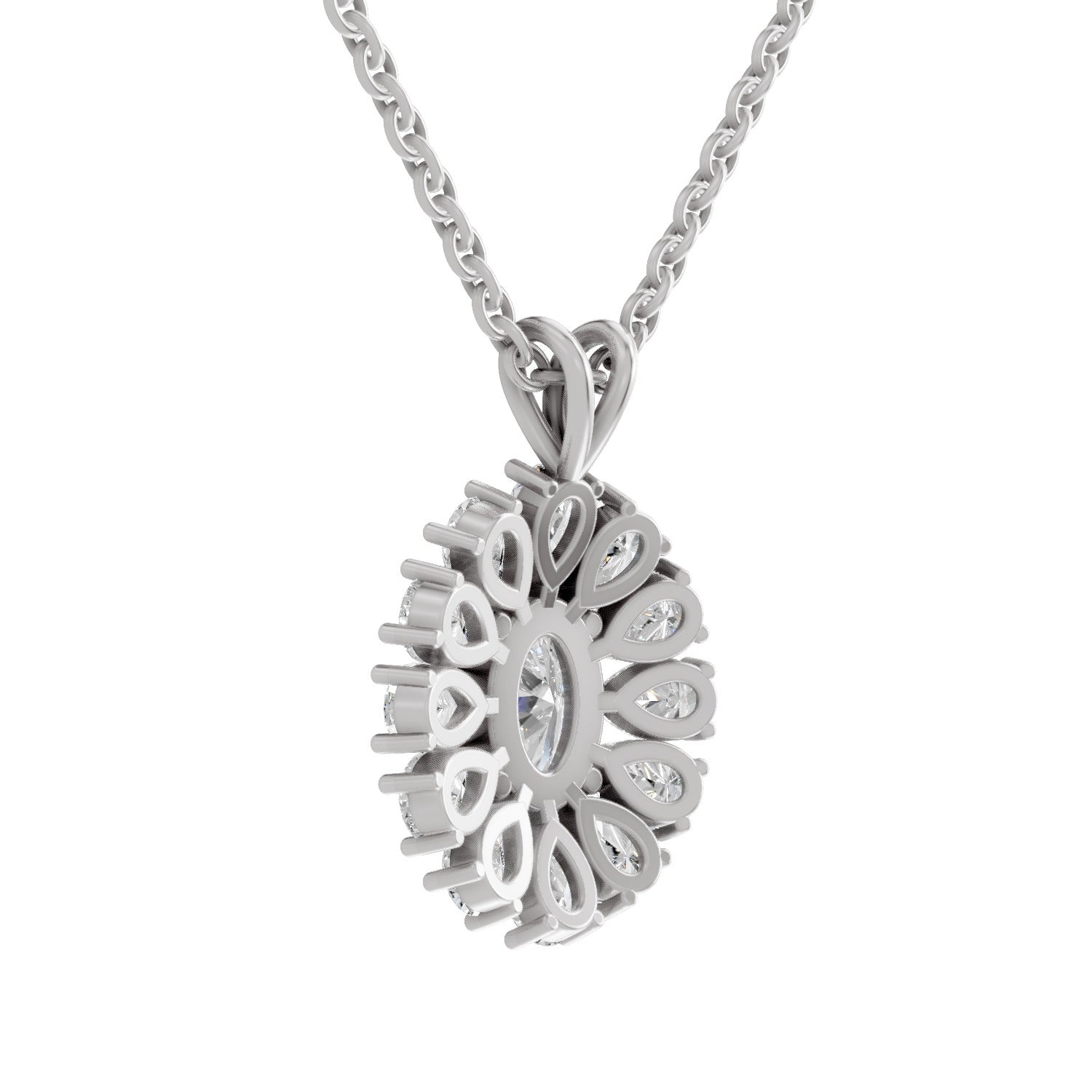 3.04 Ct Oval & Pear Shape Floral Cluster Diamond Pendant  | 14K White Gold