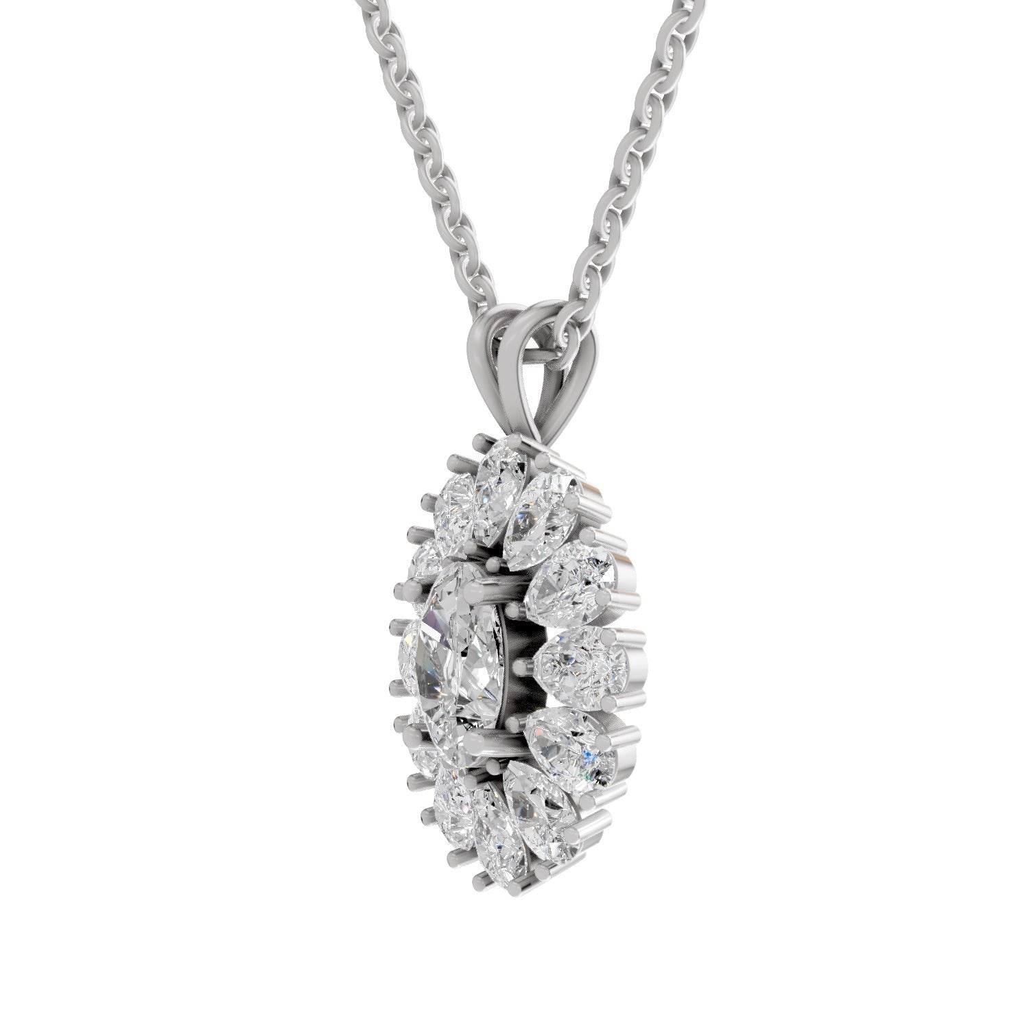 3.04 Ct Oval & Pear Shape Floral Cluster Diamond Pendant  | 14K White Gold