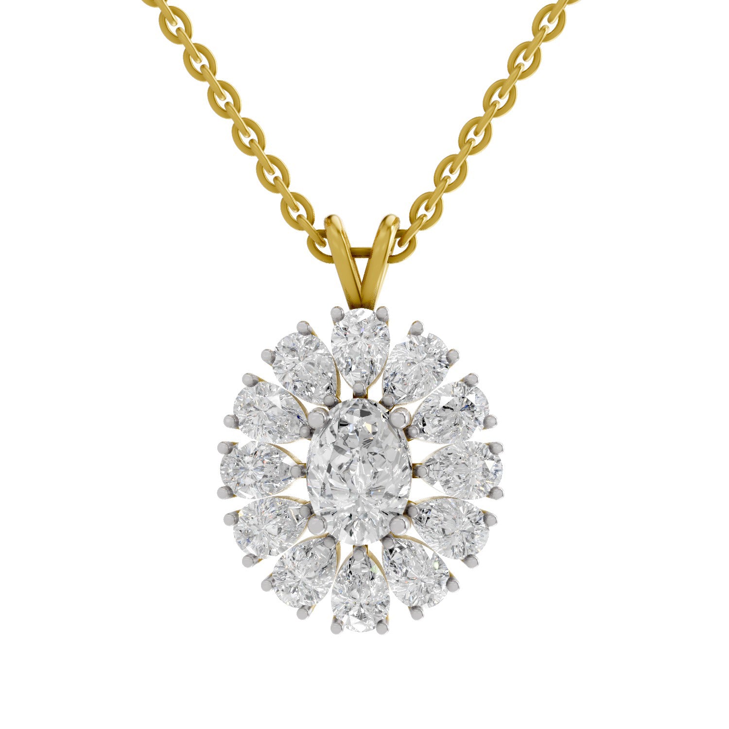 3.04 Ct Oval & Pear Shape Floral Cluster Diamond Pendant  | 14K Yellow Gold