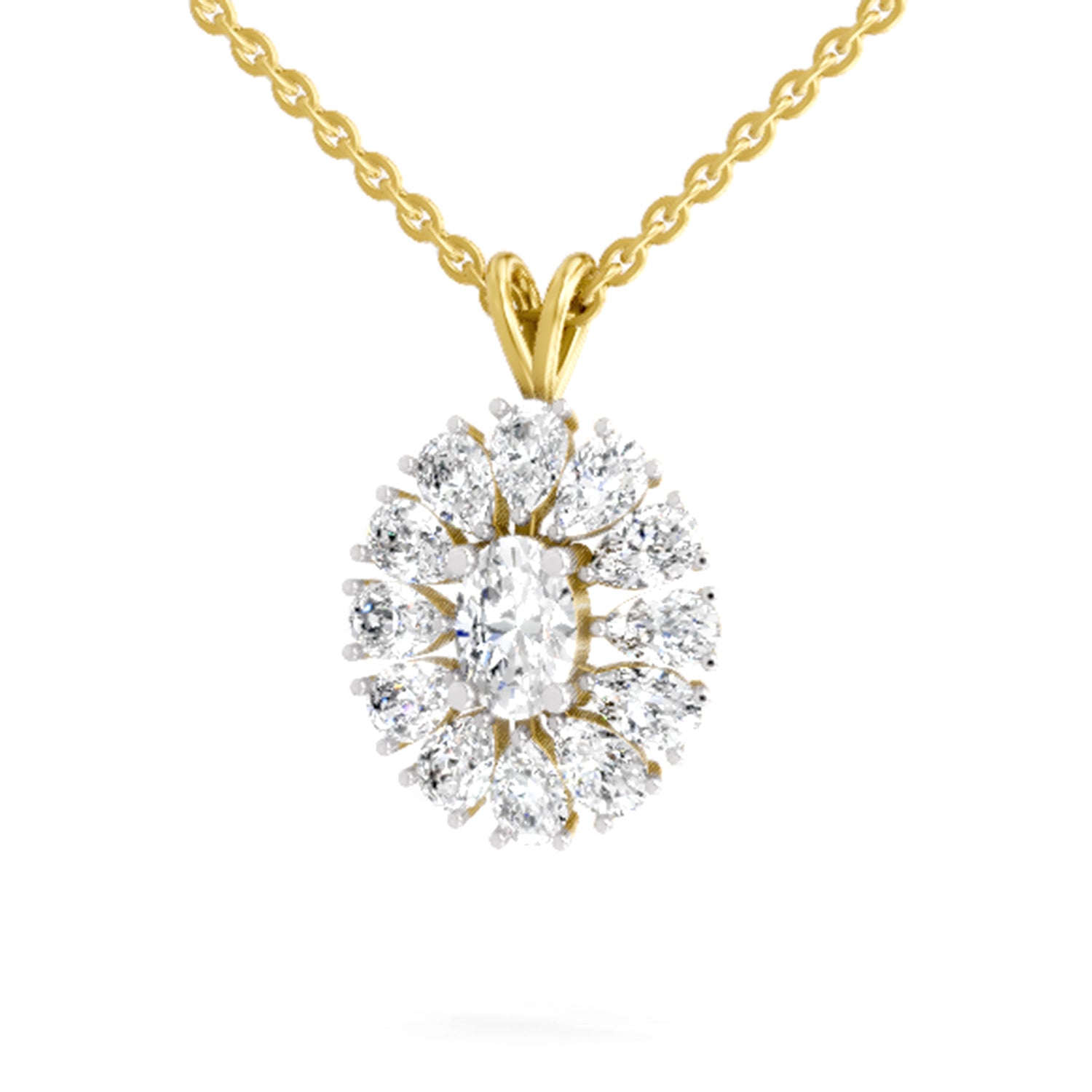 3.04 Ct Oval & Pear Shape Floral Cluster Diamond Pendant  | 14K Yellow Gold