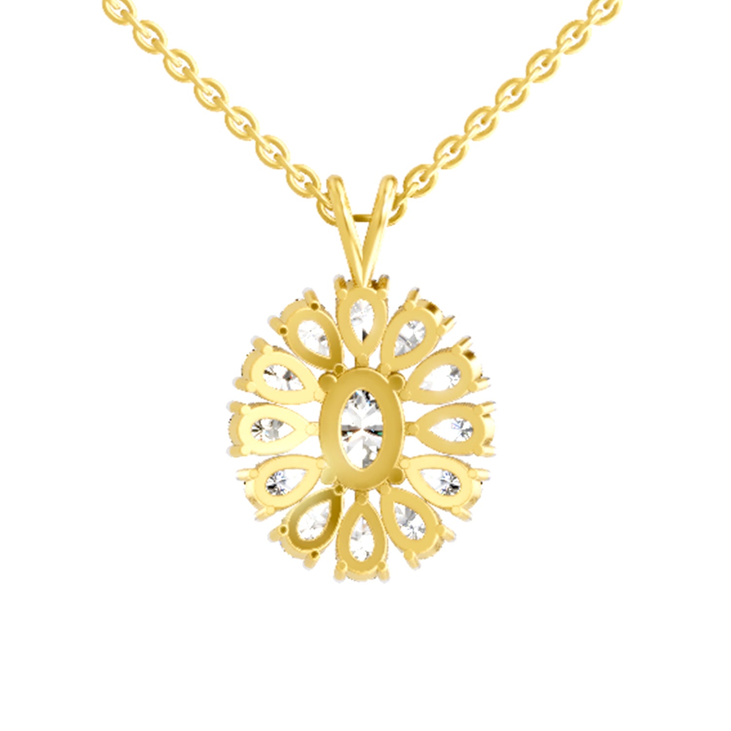 3.04 Ct Oval & Pear Shape Floral Cluster Diamond Pendant  | 14K Yellow Gold