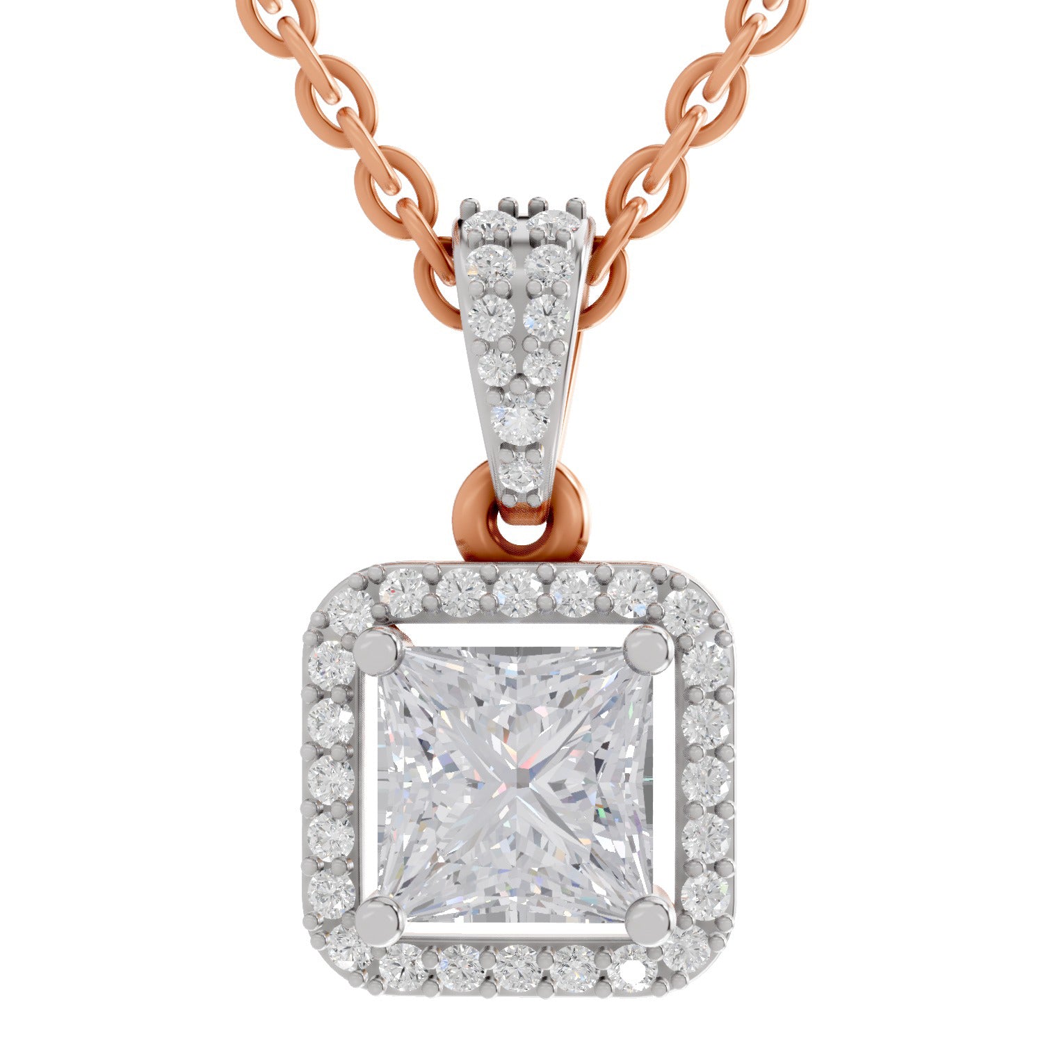 1.27 Ct Princess Shape Halo Diamond Pendant | 14K Rose Gold