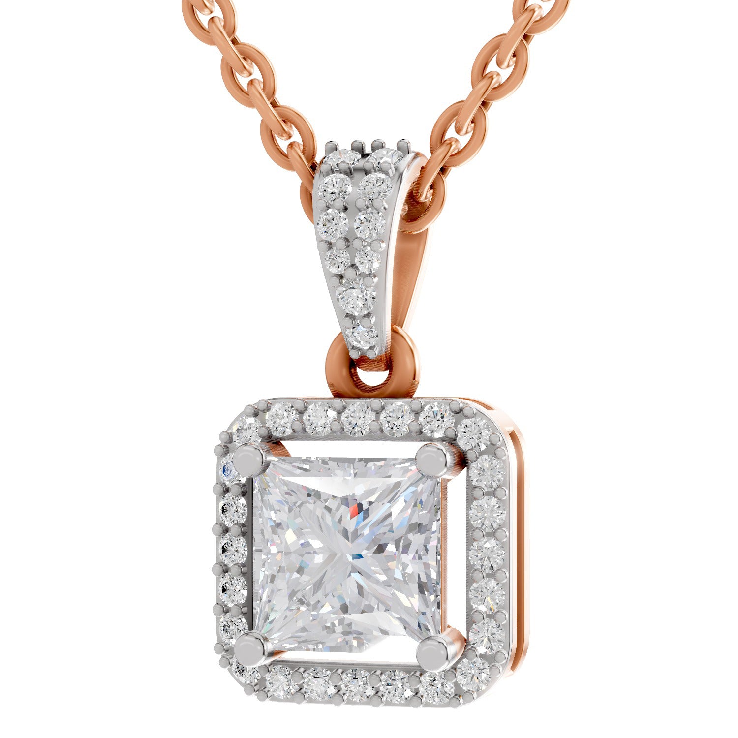 1.27 Ct Princess Shape Halo Diamond Pendant | 14K Rose Gold