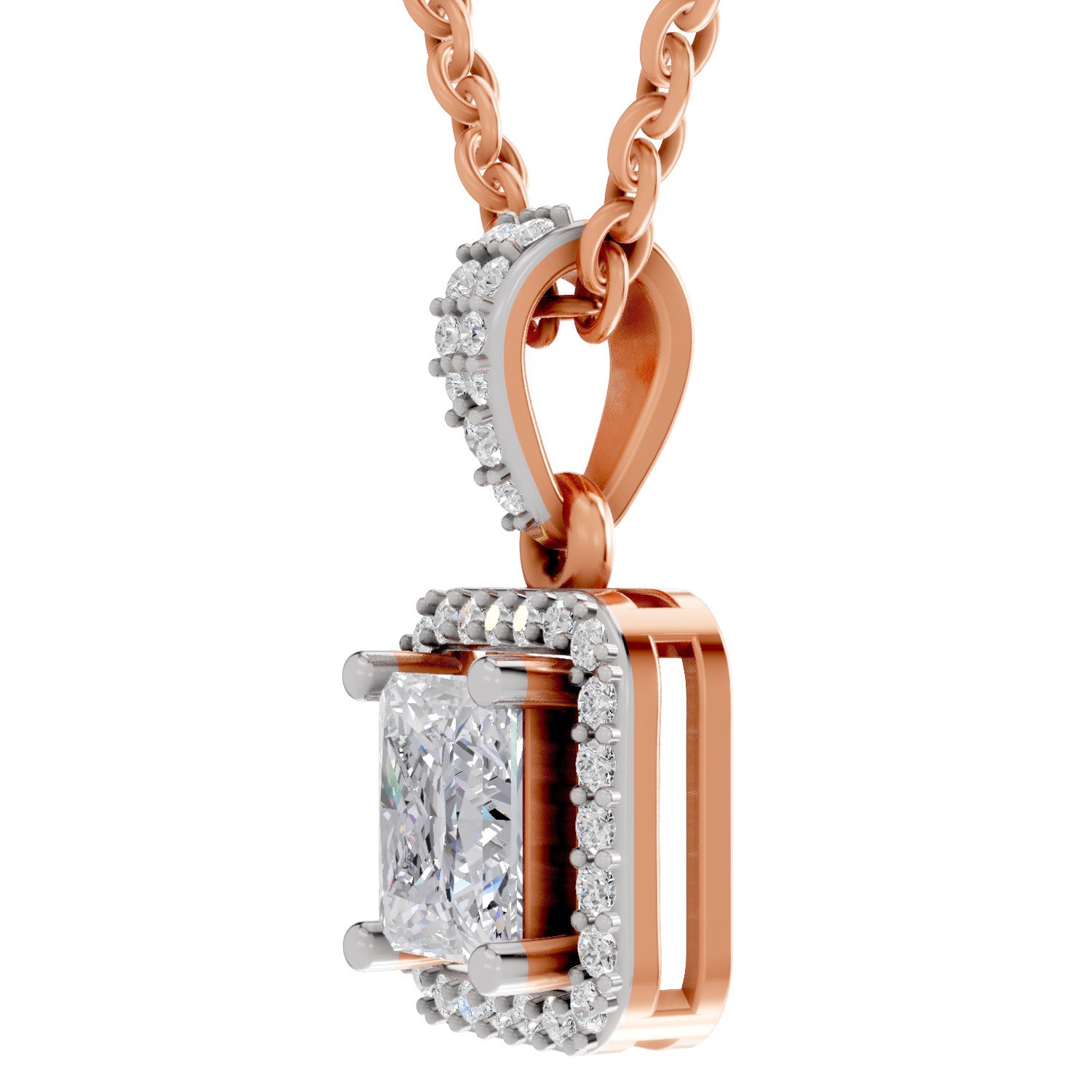 1.27 Ct Princess Shape Halo Diamond Pendant | 14K Rose Gold