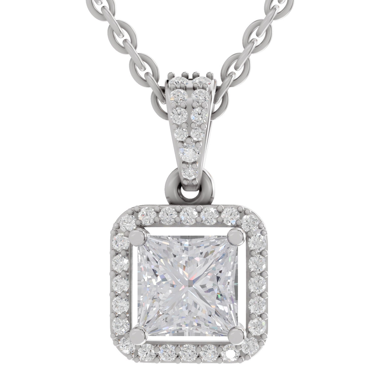 1.27 Ct Princess Shape Halo Diamond Pendant | 14K White Gold