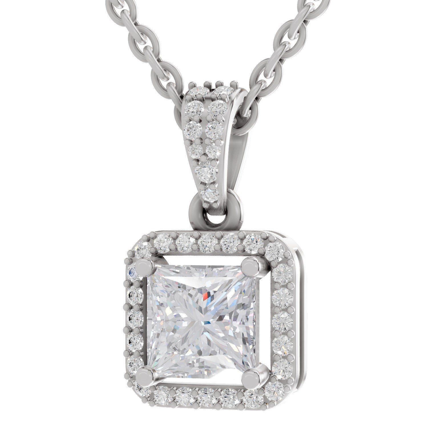 1.27 Ct Princess Shape Halo Diamond Pendant | 14K White Gold