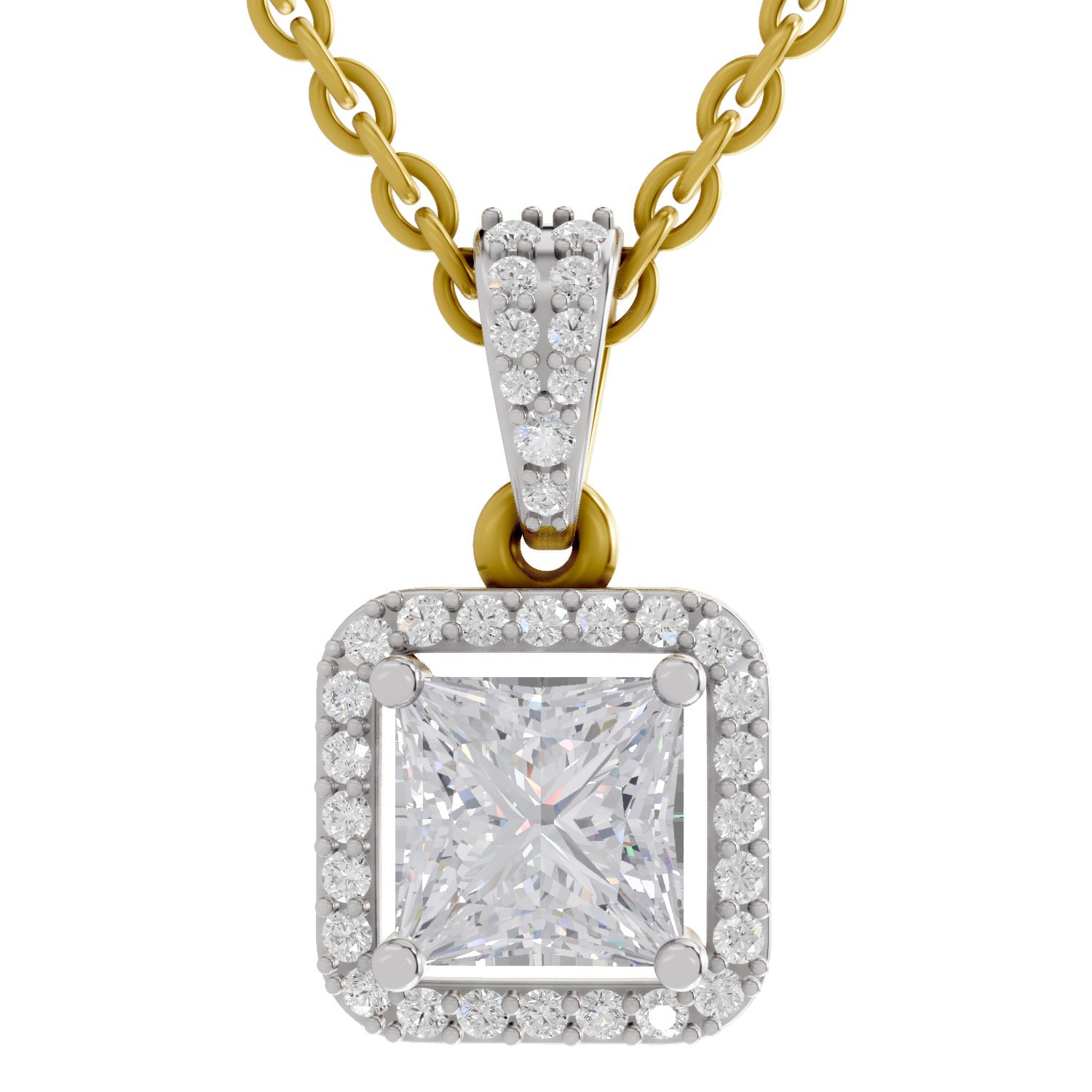 1.27 Ct Princess Shape Halo Diamond Pendant | 14K Yellow Gold