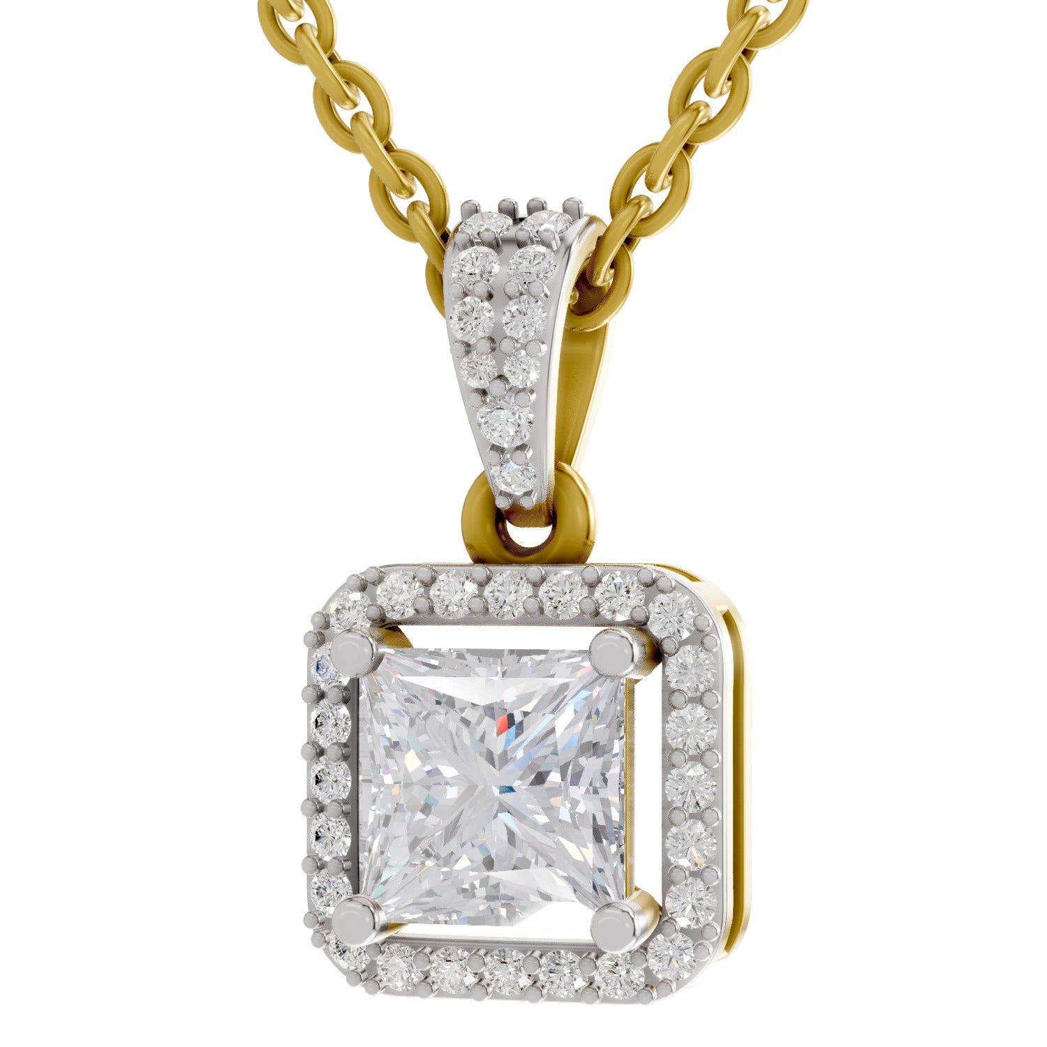 1.27 Ct Princess Shape Halo Diamond Pendant | 14K Yellow Gold