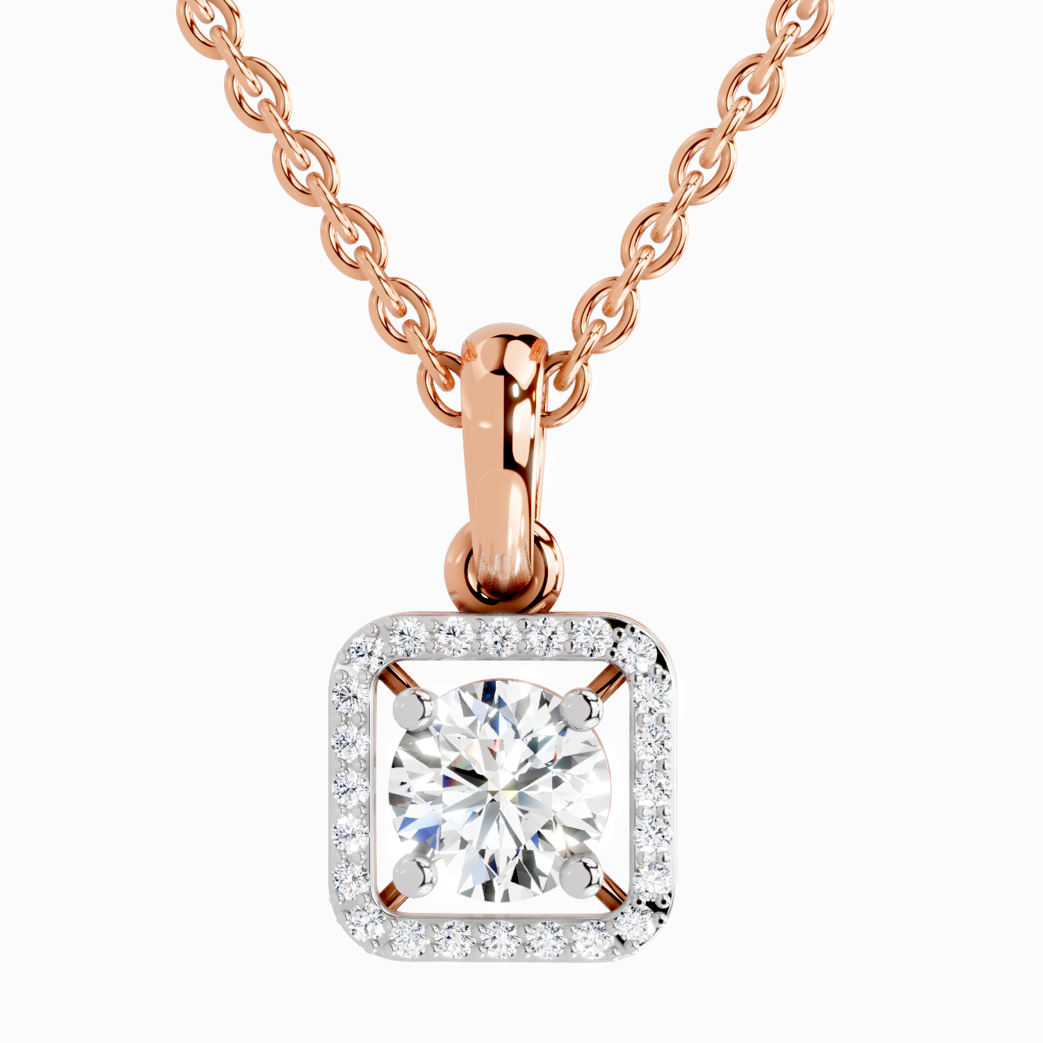 Lab Grown Diamond 0.99 Carat Round Halo Square Pendant for Women | 14K Rose Gold
