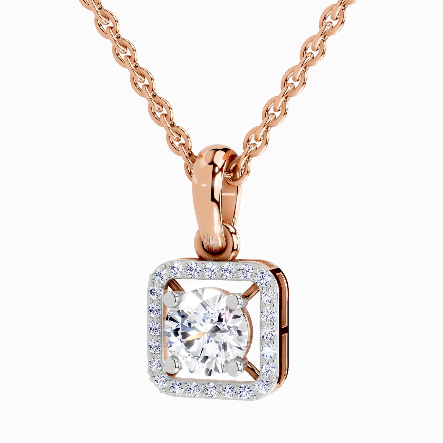 Lab Grown Diamond 0.99 Carat Round Halo Square Pendant for Women | 14K Rose Gold