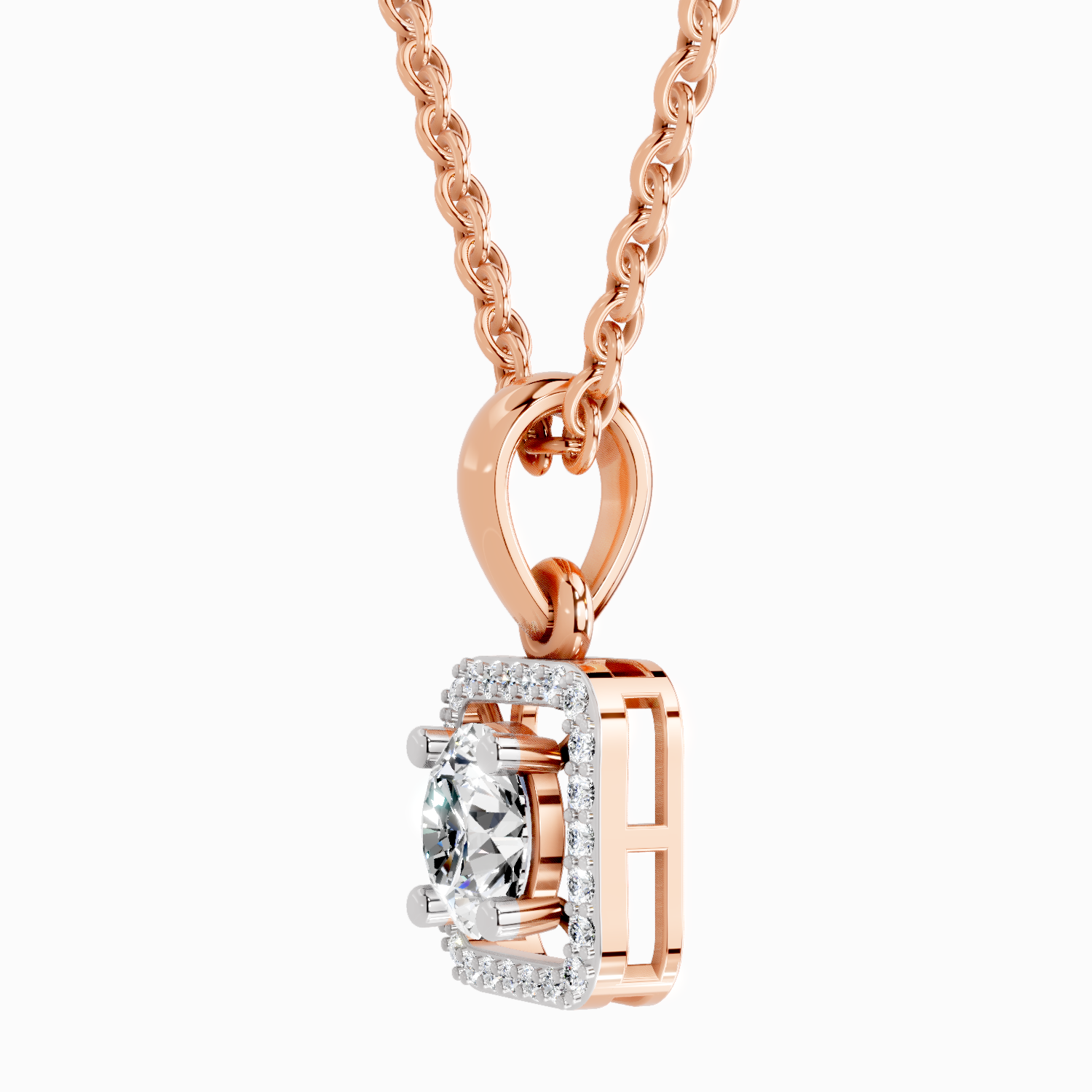 Lab Grown Diamond 0.99 Carat Round Halo Square Pendant for Women | 14K Rose Gold