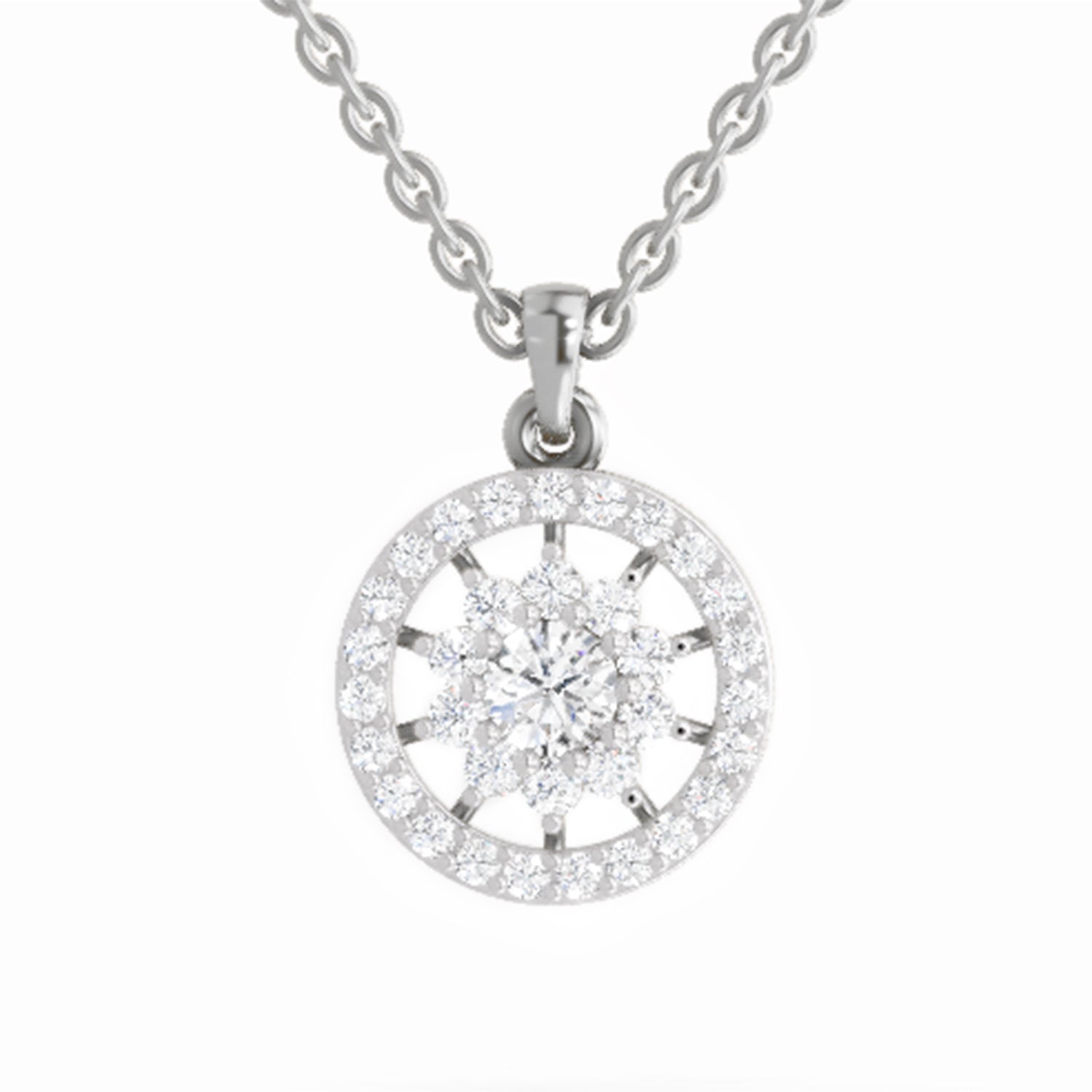 0.87 ct Round Shape Starburst Halo Diamond Pendant | 14K White Gold