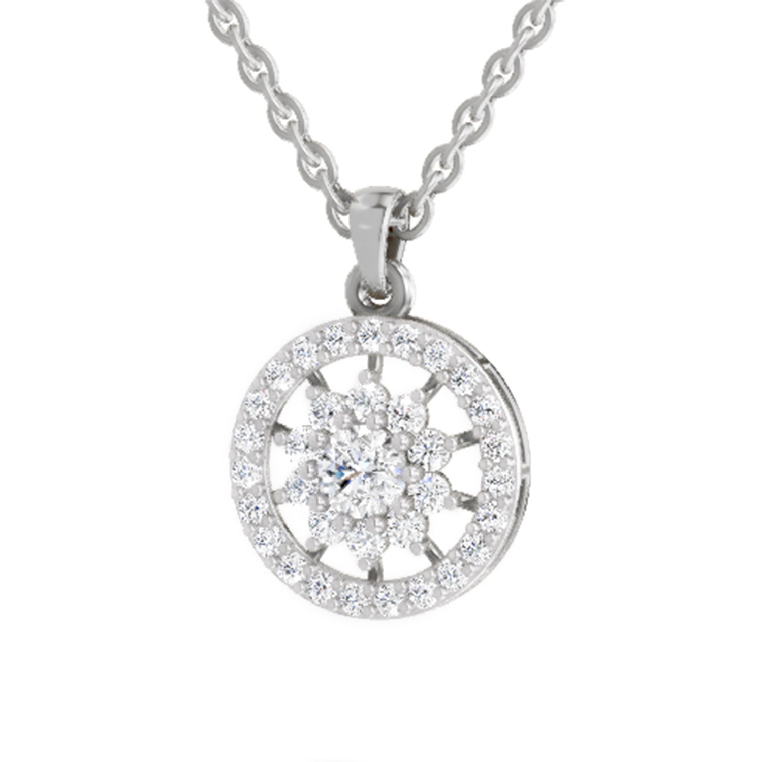 0.87 ct Round Shape Starburst Halo Diamond Pendant | 14K White Gold