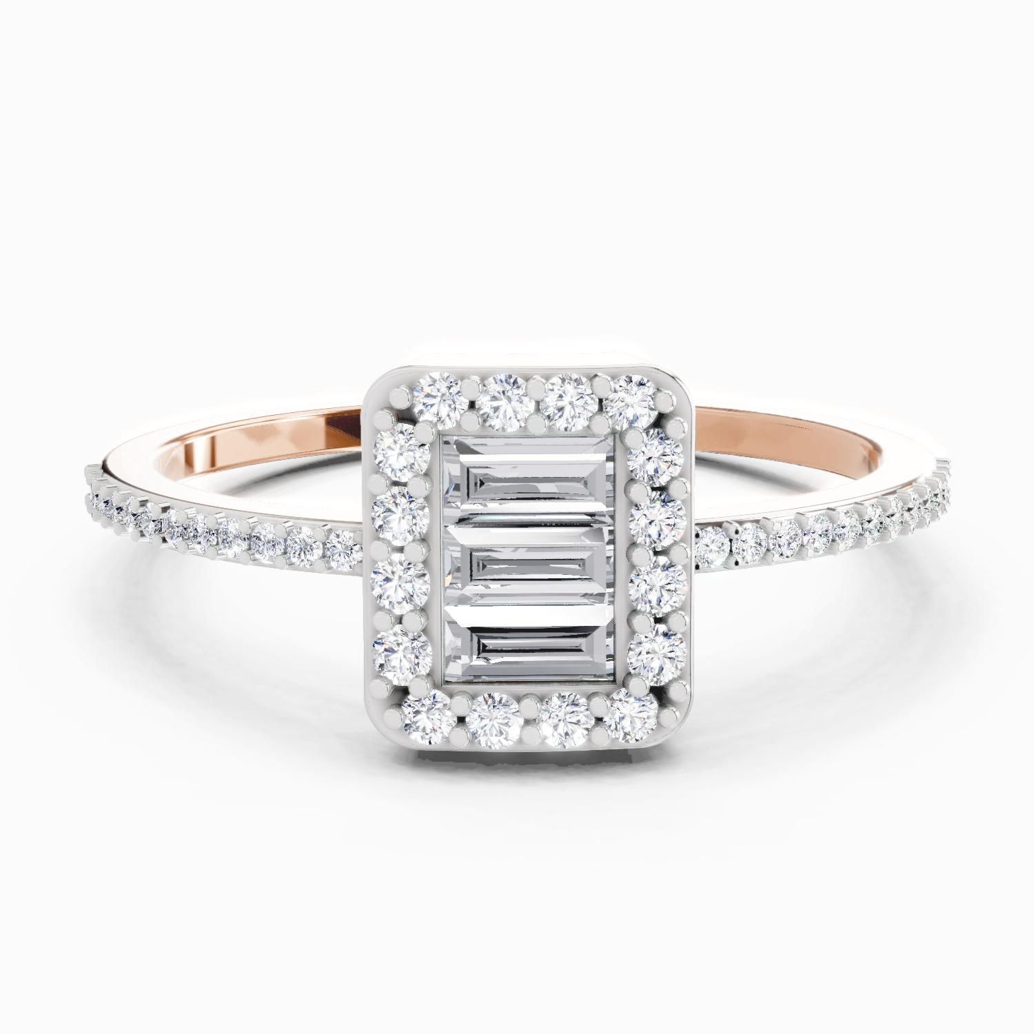 0.42 Ct Baguette Shape Halo Diamond Ring | 14K Rose Gold